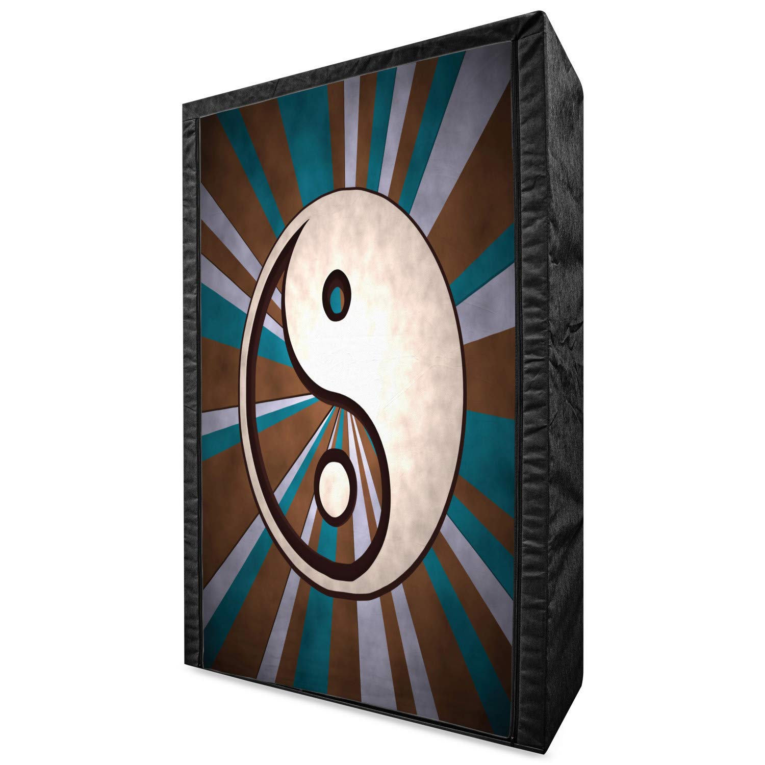 Ambesonne Yin Yang Portable Fabric Wardrobe - Grungy Retro Striped Sunburst Boho Print Clothing Organizer with Shelves, 42.5 Inch, Brown White Blue - Perfect for Bedroom, Dorm, Apartment & Travel Storage