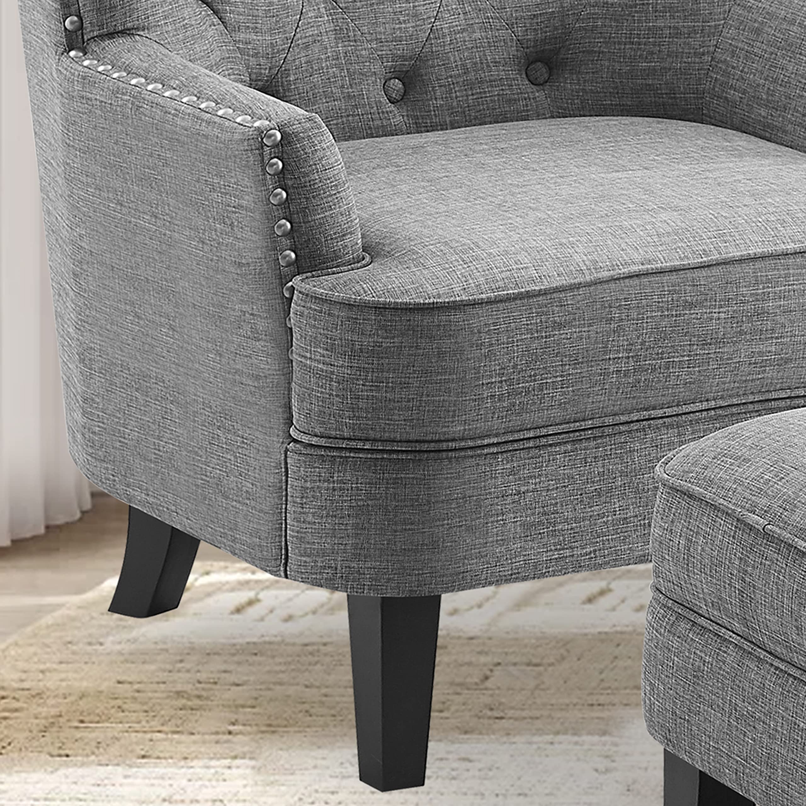 Rosevera Mid-Century Modern Accent Chair with Ottoman Set - Upholstered Armchair for Living Room or Bedroom - Comfortable Reading Chair with Footrest, Small Lounge Chair in Grey - Perfect for Relaxing, Reading & Home Decor