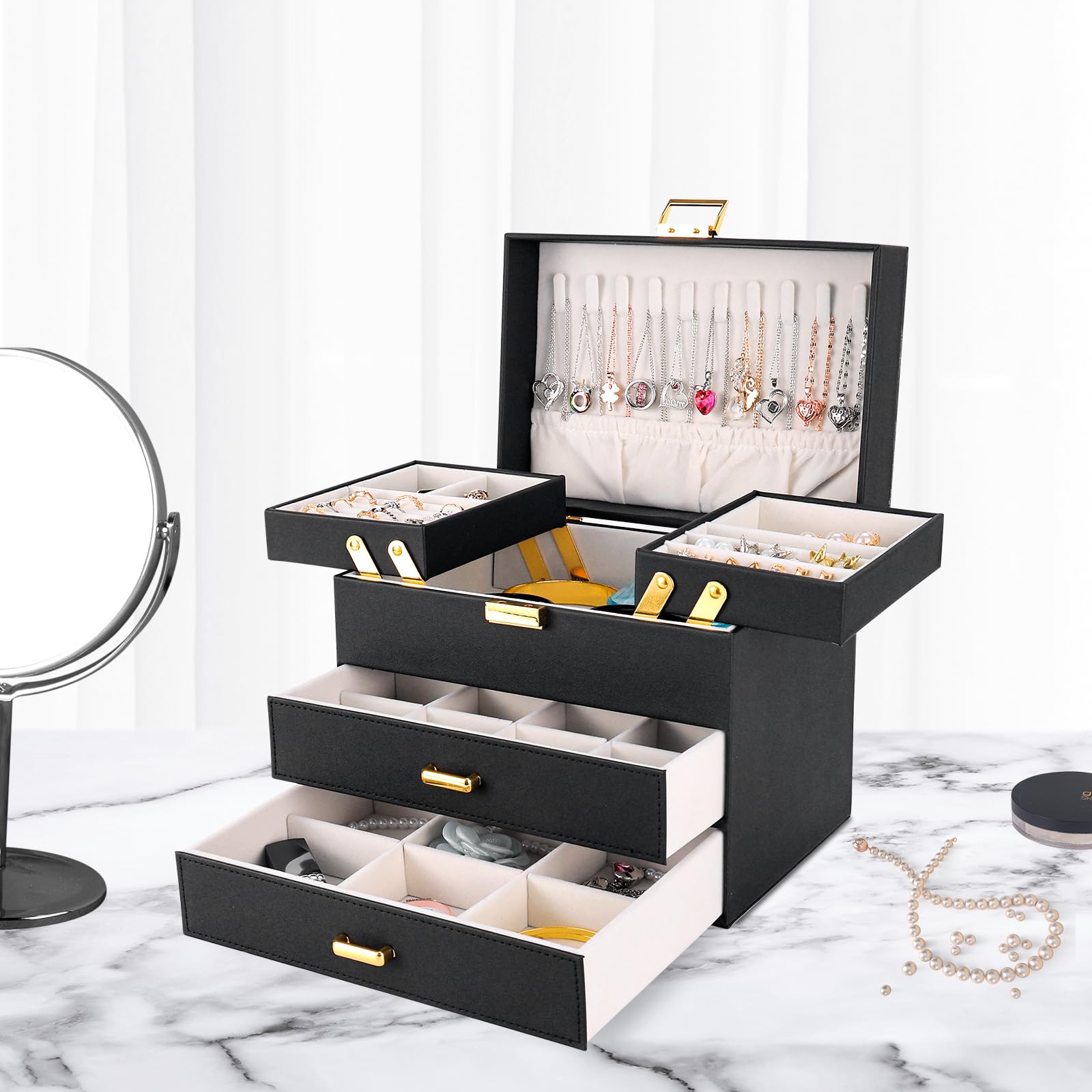 Dajasan 4-Layer Jewelry Box Organizer for Women - Large Jewelry Storage Case for Earrings, Rings, Necklaces & Bracelets - Perfect for Bedroom Vanity, Travel & Gift (Black)