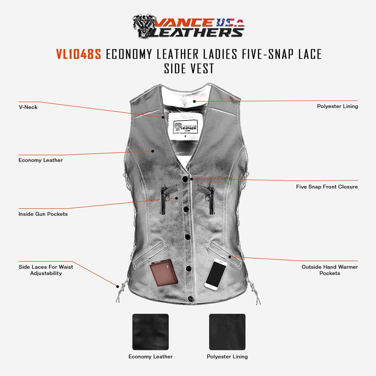 Vance VL1048S Women's Black Leather Motorcycle Vest - 5 Snap Closure, Side Laces & Concealed Carry Pocket | Perfect for Biker Ladies, Motorcycle Riding & Outdoor Adventures