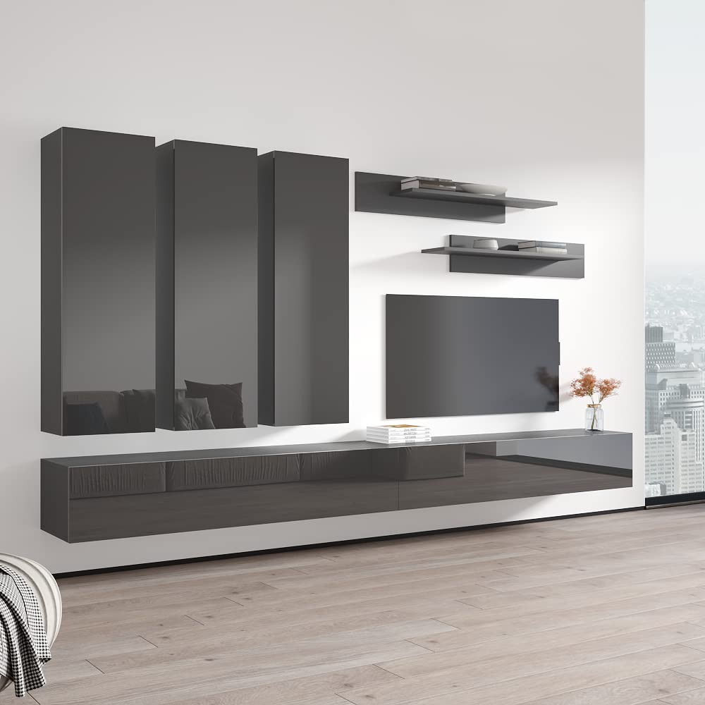 Modern Gray E1 30TV Wall-Mounted Floating Entertainment Center with Storage Shelves & LED Lights - Space-Saving TV Stand for Bedroom & Living Room - Perfect for Small Apartments, Home Theaters, and Gaming Setups