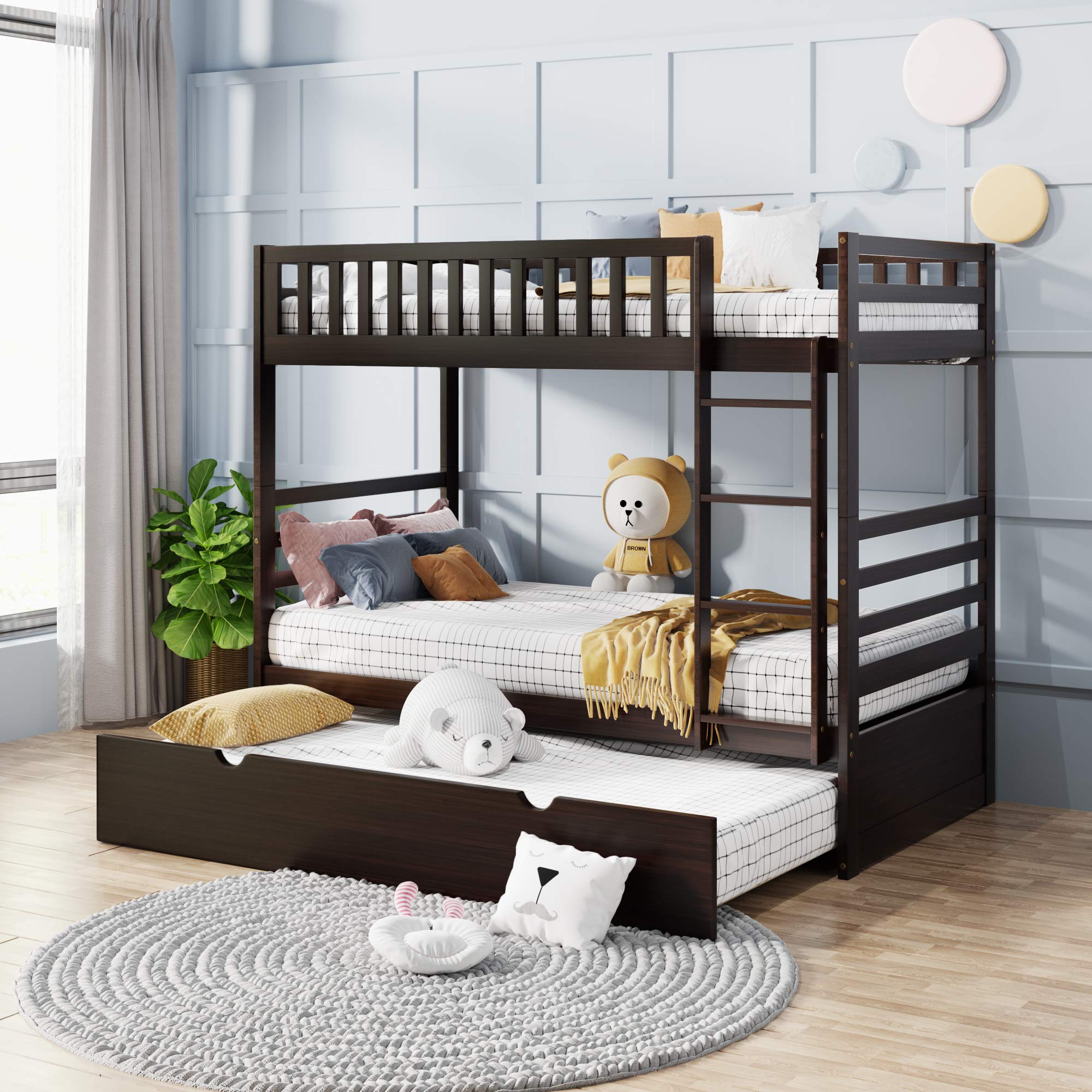 **Twin Over Twin Bunk Beds for Kids with Trundle & Safety Rail Ladder - Sturdy Wooden Bunk Bed for Teens & Guest Rooms - Space-Saving Bedroom Furniture (Brown) - Perfect for Sleepovers & Small Spaces**