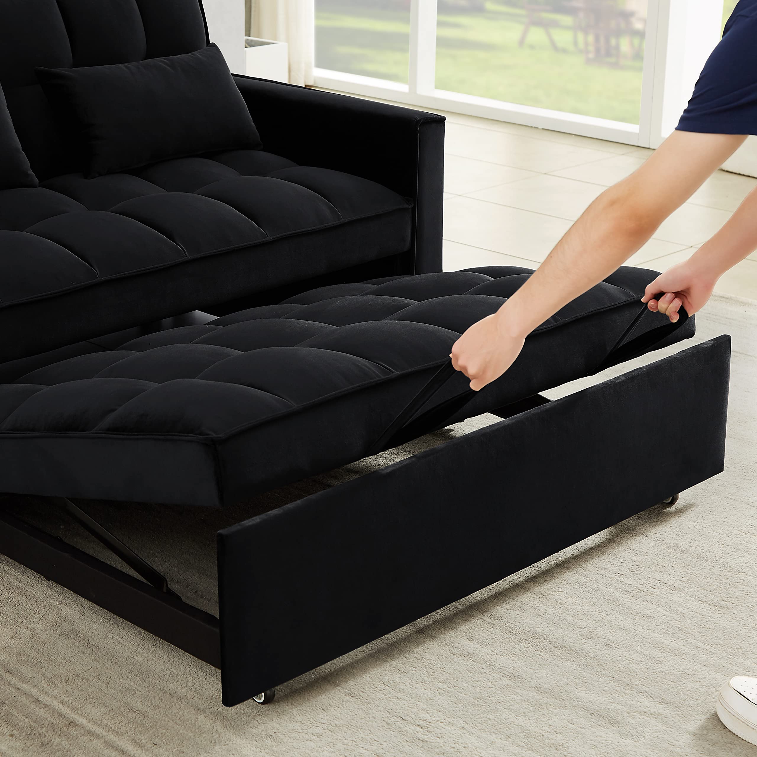 KLMM Modern Convertible Sofa Bed with Adjustable Backrest & 2 Lumbar Pillows - Velvet Loveseat Sleeper Sofa with Pull-Out Bed for Small Spaces | Perfect for Studio Apartments, Guest Rooms & Home Offices