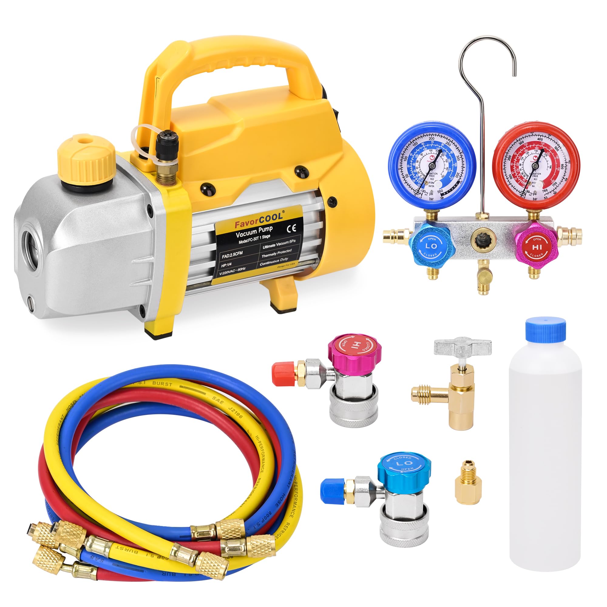 **AC Gauges and Vacuum Pump Kit - 3 CFM 1/4 HP HVAC Vacuum Pump & R410a R134a R22 Manifold Gauge Set with 4FT Hoses, Adjustable Couplers, Adapter & Can Tap - Perfect for AC Repair, Refrigerant Charging & HVAC Maintenance**