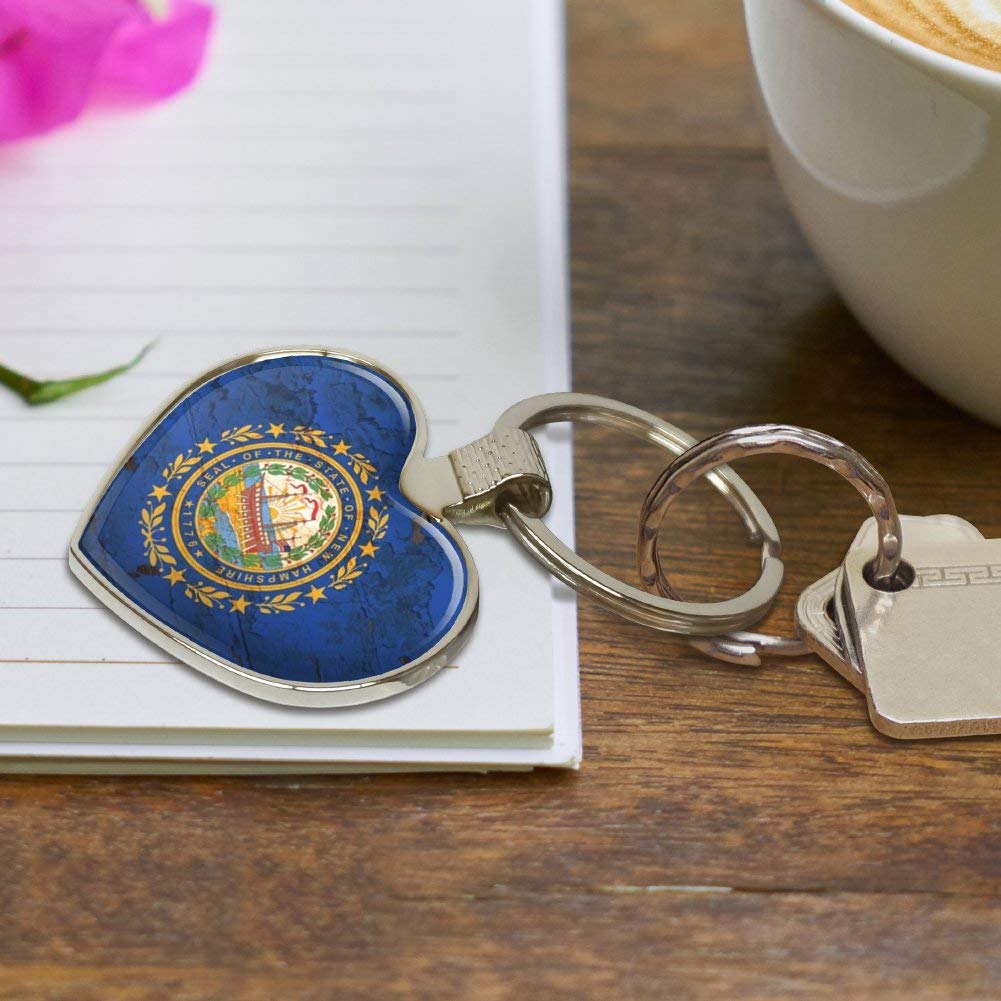 Vintage Rustic New Hampshire State Flag Keychain - Distressed USA Metal Key Ring with Heart Design - Perfect for Travel, Gifts & Patriotic Accessories