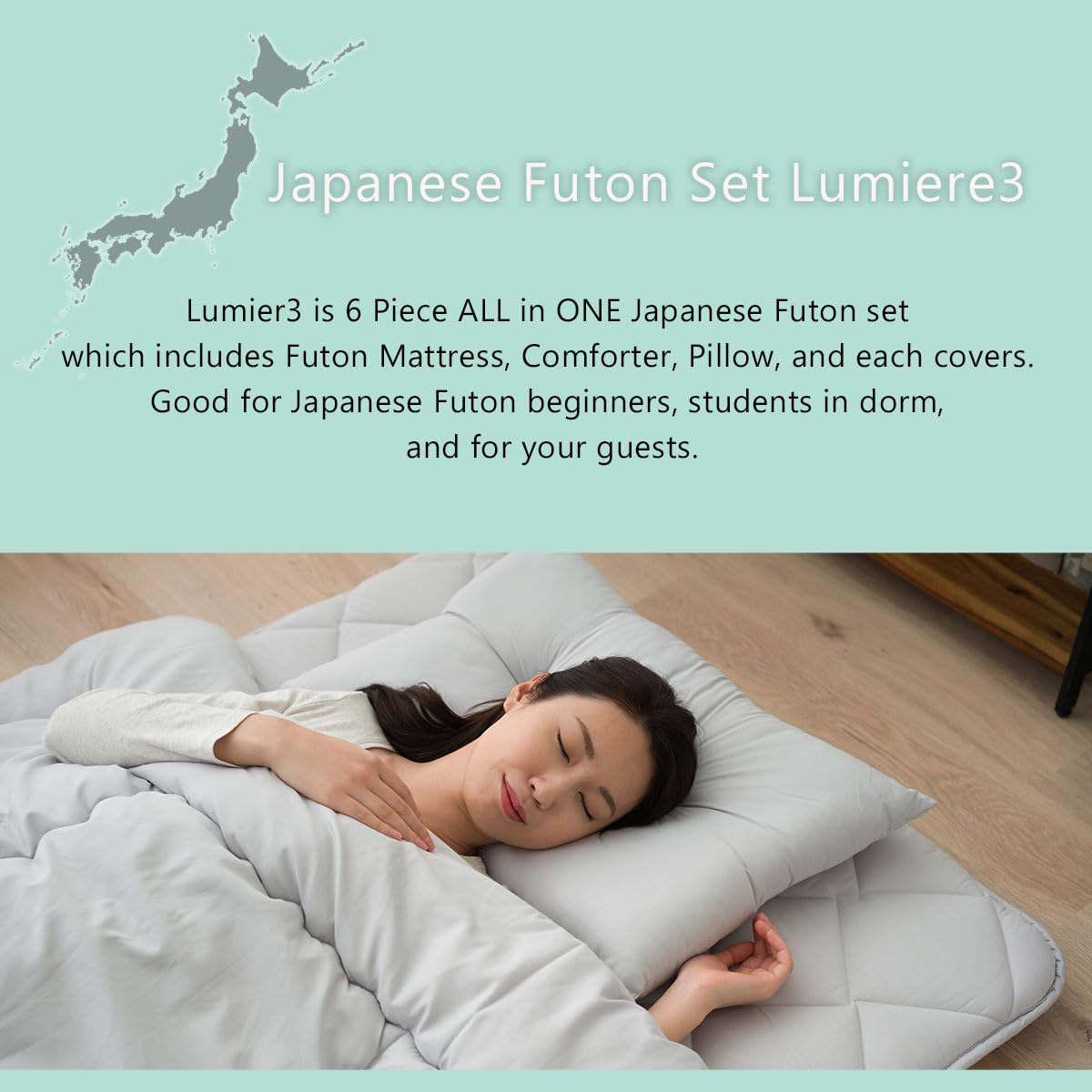 EMOOR 6-Piece Japanese Futon Set Lumiere3 - Twin Size Micro-Mini Waffle Cover in Gray | Complete Bedding Solution for Small Spaces, Guest Rooms & Minimalist Living | Perfect for Apartments, Dorms & Studio Living