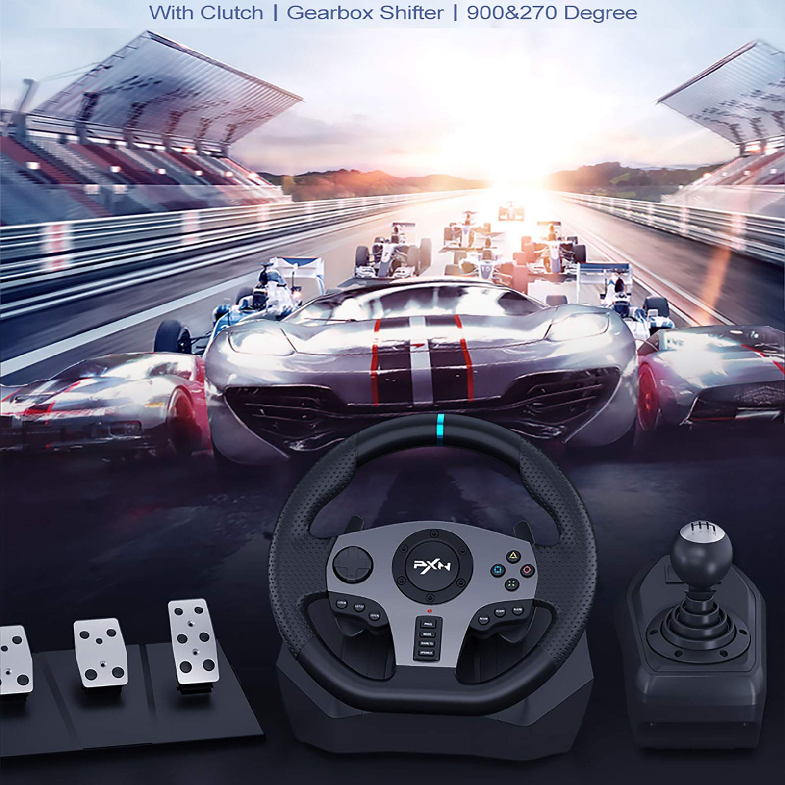 PXN V9 270/900 Degree USB Racing Wheel with Clutch Pedals & Shifter - PC Steering Wheel for Windows, PS3/PS4, Switch, Xbox One & Series X/S - Perfect for Sim Racing, Drifting & Gaming Enthusiasts