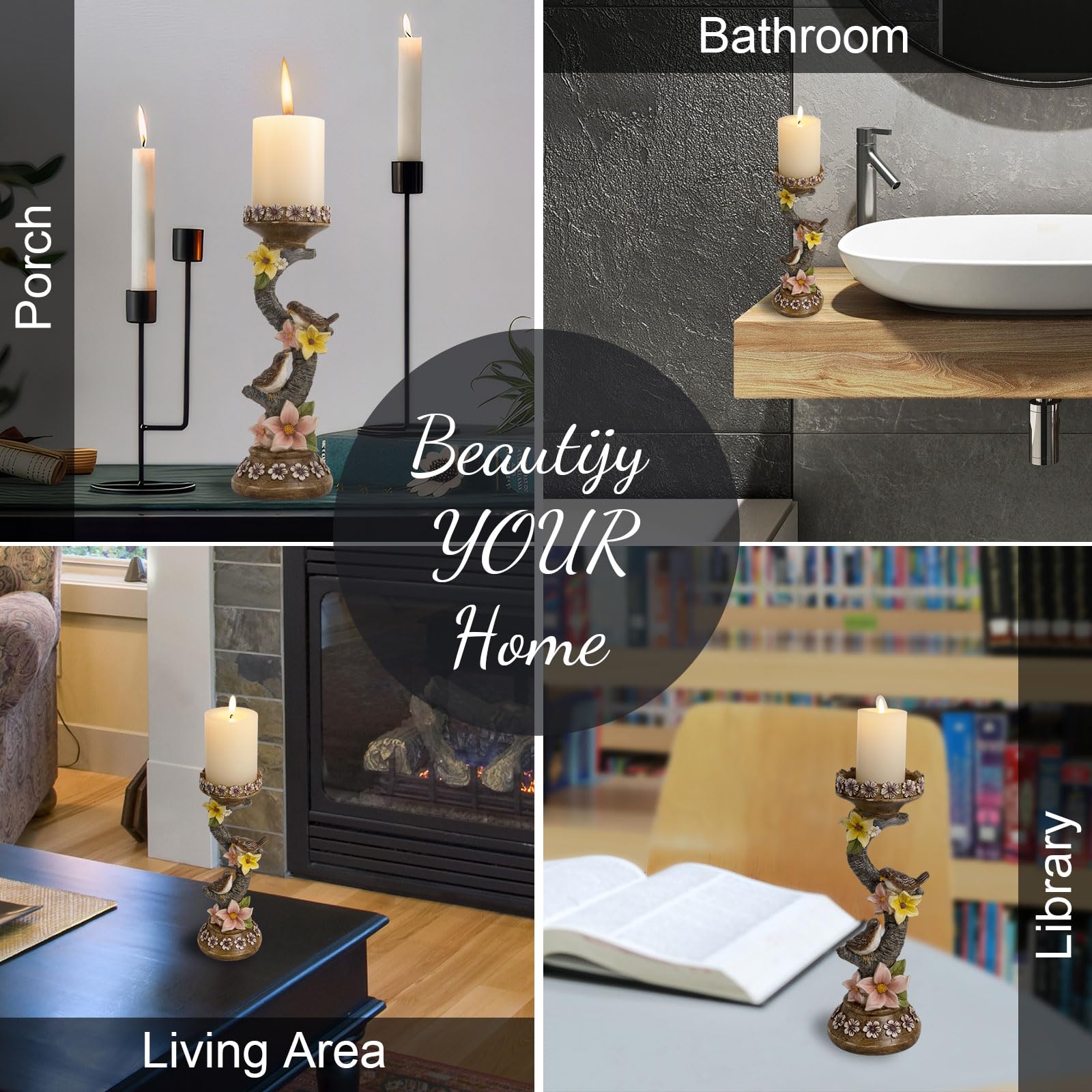 11.6in Resin Spring Figurine with Bird & Flower - Decorative Candle Holder for Pillar Candles, Home Mantel & Table Centerpiece - Perfect for Spring Home Decor, Easter Decorations & Seasonal Tablescapes