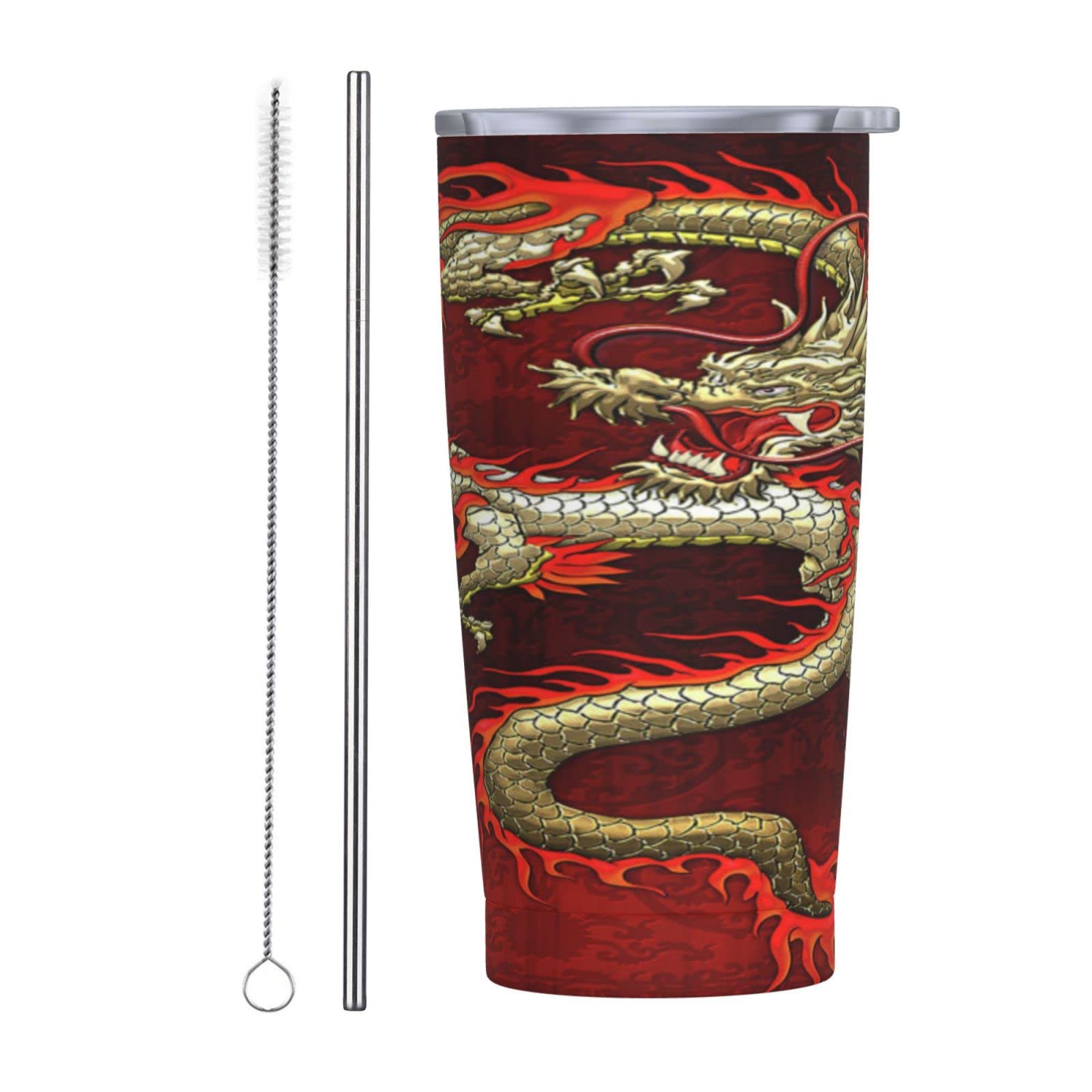 20oz Stainless Steel Insulated Tumbler with Lid & Straw - Chinese Dragon Design Travel Mug for Hot & Cold Drinks - Perfect for Coffee, Tea, and On-the-Go Use at Work, Gym or Outdoor Adventures