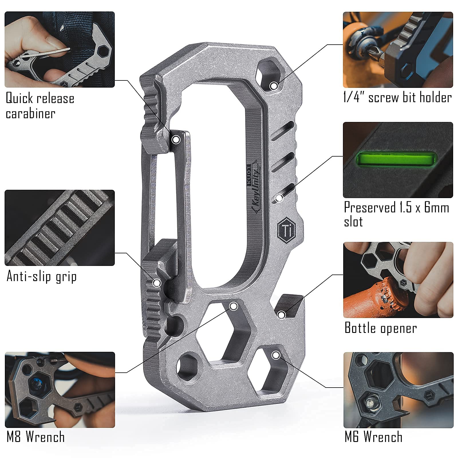 KeyUnity KU01 4-in-1 Titanium Multitool Carabiner Clip with KA06 Leather Sheath & Screw Bit Organizer - Compact Outdoor Gear for Camping, Hiking, Survival & Everyday Carry (EDC)