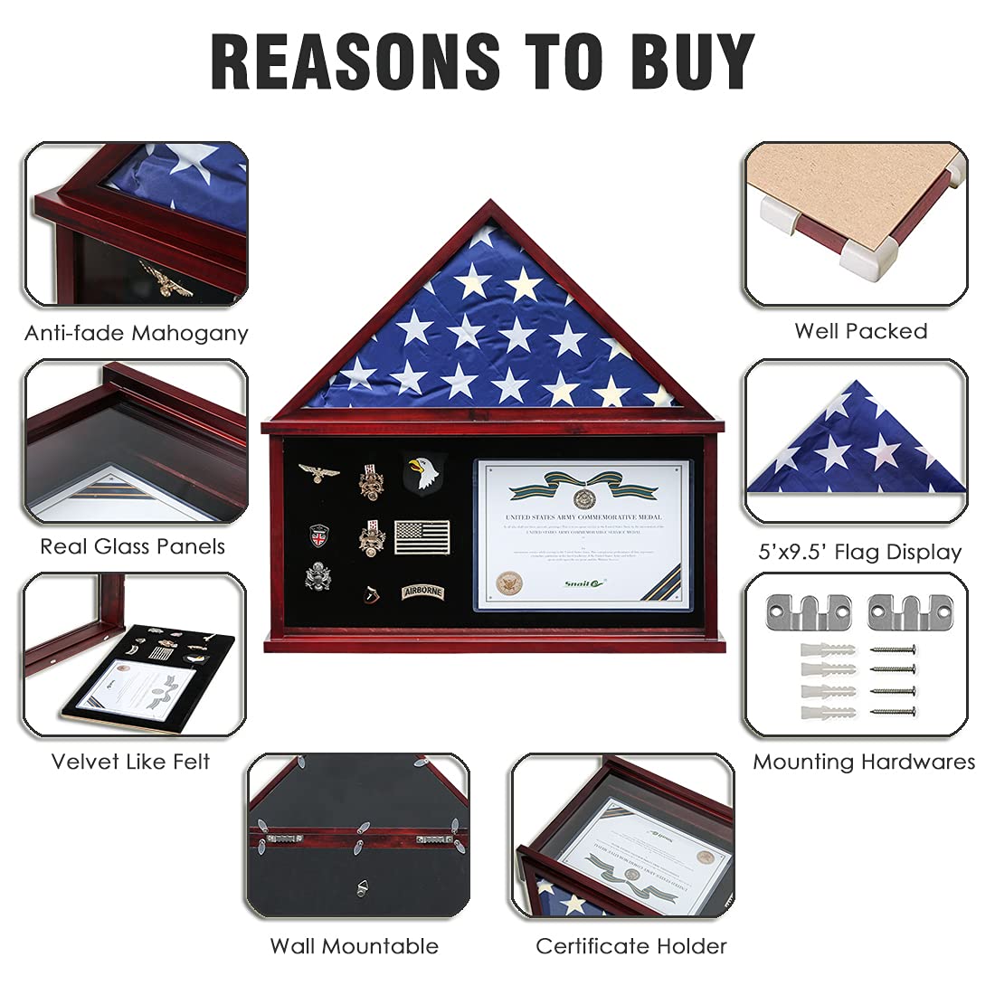 Large Military Shadow Box Flag Display Case - Holds 5'x9.5' Folded Veterans Burial Flag with Certificate Holder & Felt Lining for Medals/Badges - Mahogany Finish - Perfect for Memorials, Funerals & Military Home Decor