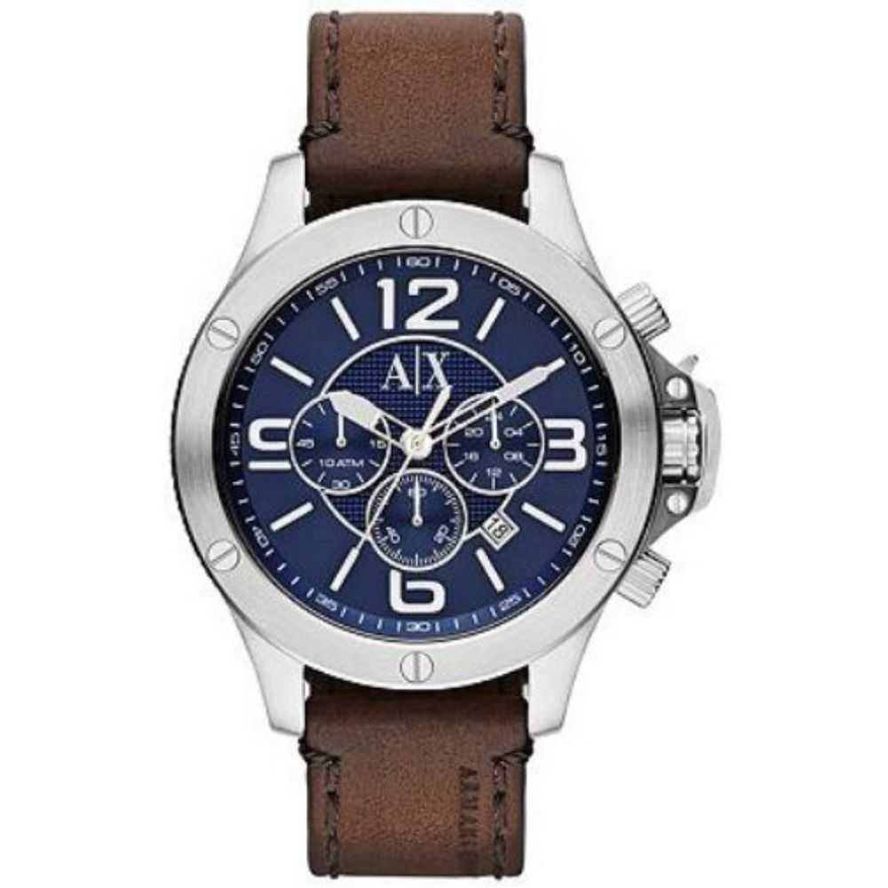 ARMANI EXCHANGE AX1505 Men's Chronograph Watch - Silver Stainless Steel Case with Genuine Brown Leather Strap - Water Resistant Dress Watch for Business & Formal Occasions