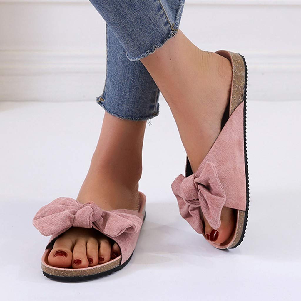 Women's Flat Slide Sandals with Cork Sole & Cute Knot Bow Design - Comfortable Canvas Summer Sandals for Beach, Pool, and Casual Outings