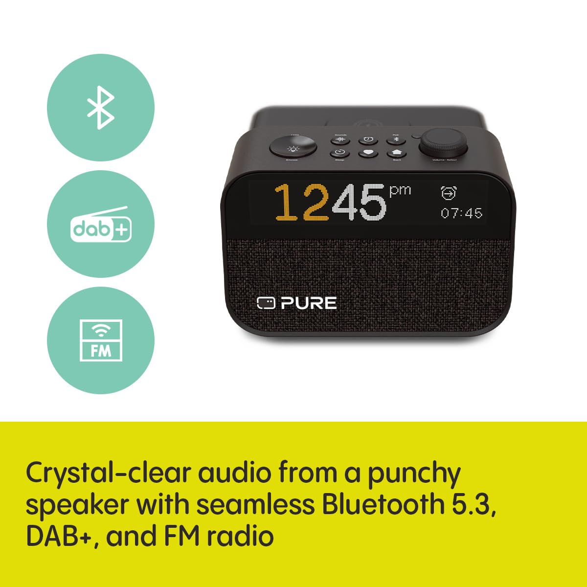 Pure Moment Multifunctional Clock Radio with Wake-Up Light, Bluetooth Speaker, White Noise Machine & Wireless Charger - Crystal Coffee Brown for Bedroom, Office & Home Decor