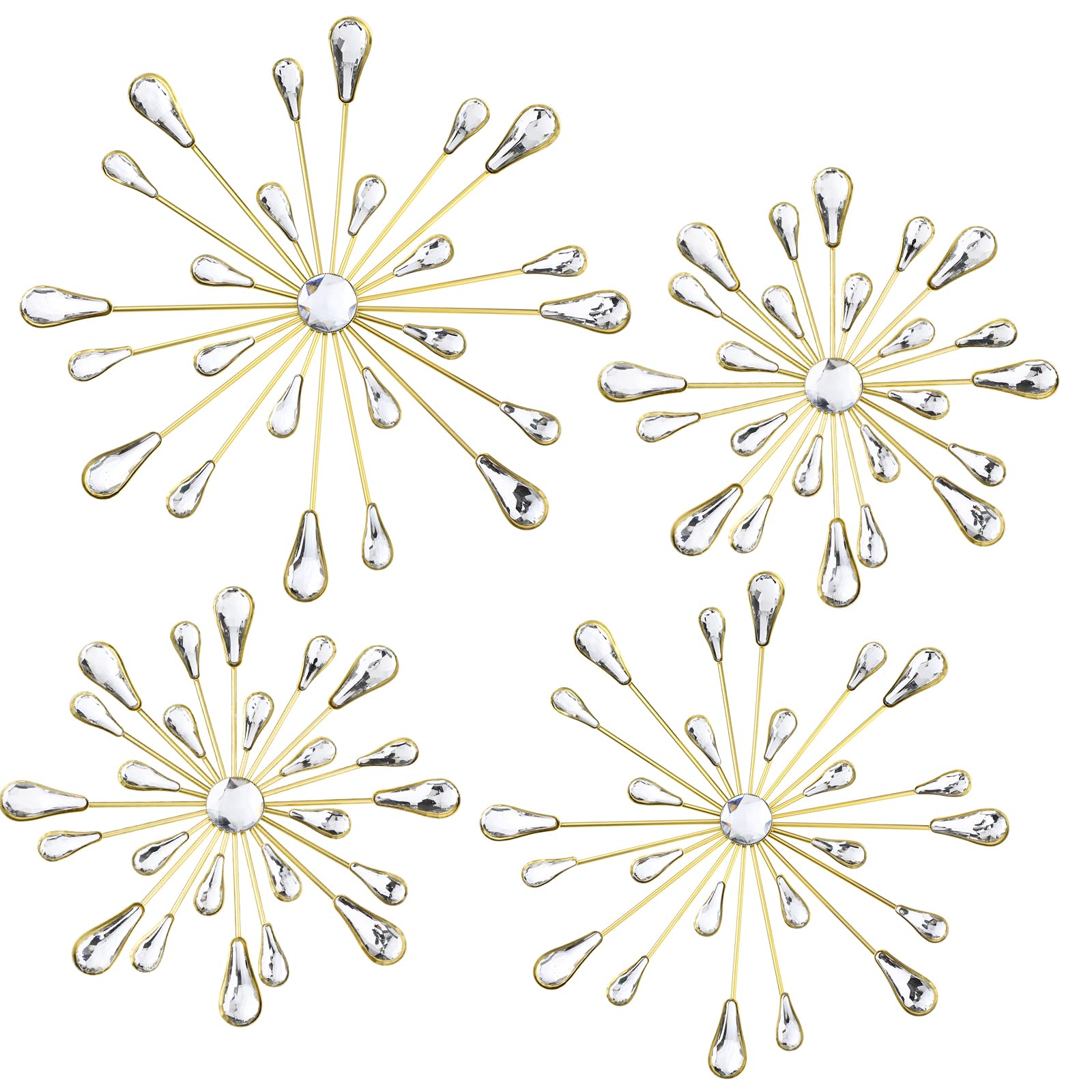 Hicarer 4-Piece Starburst Wall Decor Set - Crystal Teardrop 3D Hanging Rhinestone Radial Metal Artwork, Modern Gold Accent Sculptures for Living Room, Home Office, Bedroom - Perfect for Home Decor, Wedding, Party & Gift Giving