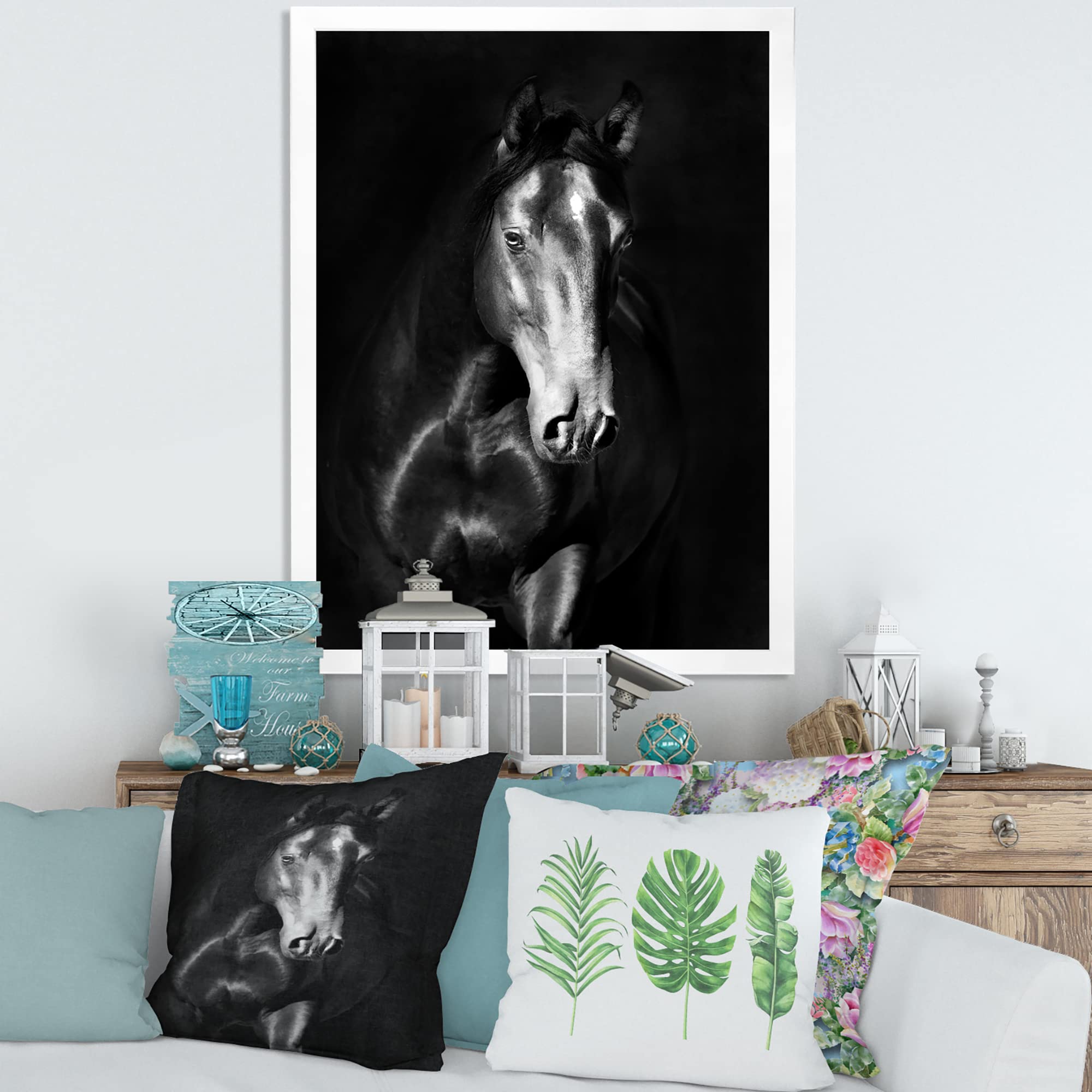 DesignQ Black Kladruby Horse Farmhouse Framed Wall Art Print - Elegant Equestrian Decor for Living Room, Bedroom & Office