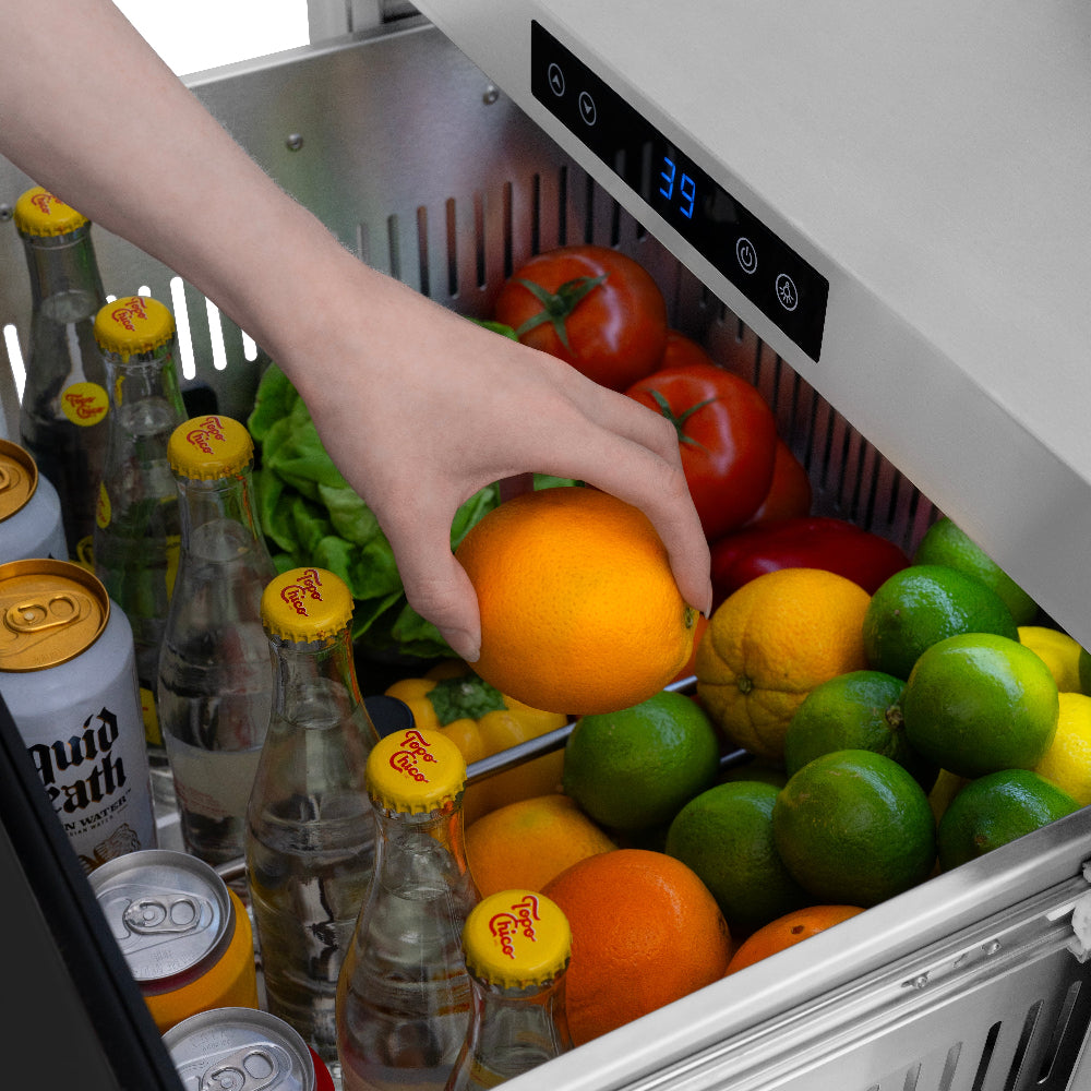 ZLINE Autograph Edition 24 Inch Touchstone 168 Can Outdoor Rated Dual Refrigerator Drawer - Black Stainless Steel Doors with Champagne Bronze Handles (RDSOZ BS 24 CB) | Perfect for Outdoor Kitchens, Patio Bars & Entertaining Areas