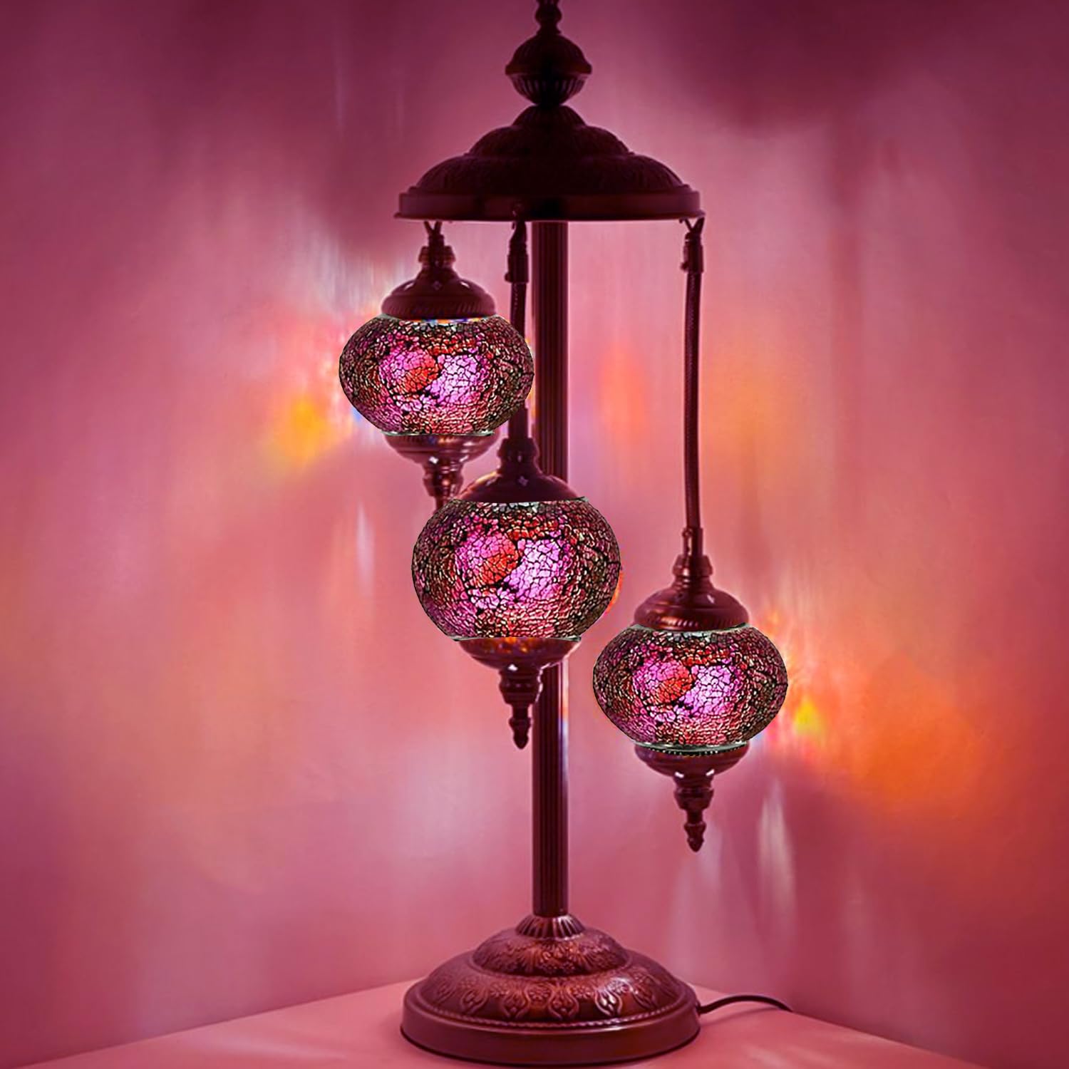 Handmade Moroccan Mosaic Turkish Lamp - 3-Tier Colorful Glass Floor or Table Lantern with E12 Bulbs (Deep Pink) | Boho Home Decor, Living Room Lighting, Bedroom Ambiance
