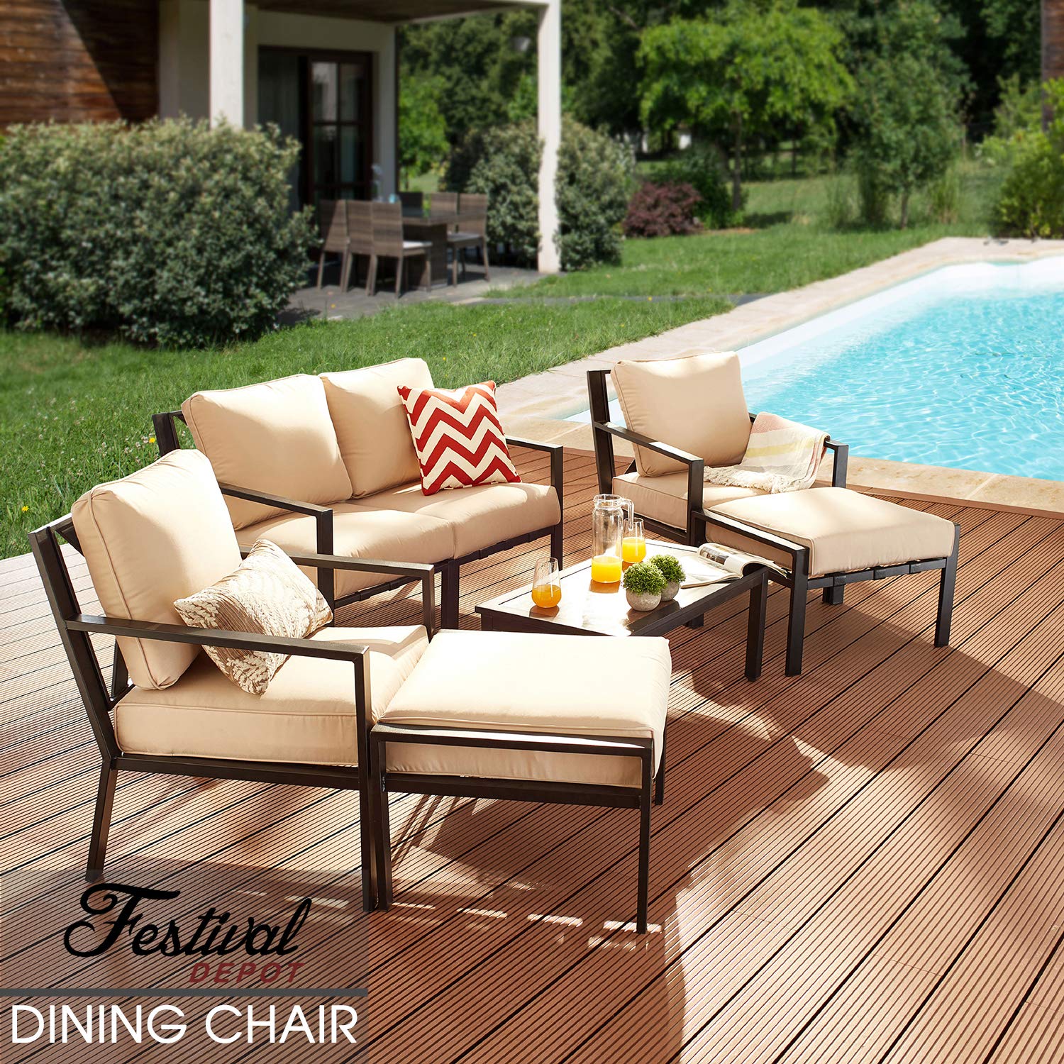 **Festival Depot Outdoor Patio Dining Armchair - All-Weather Metal Frame with Thick Cushions - Perfect for Bistro, Garden, Poolside & Backyard - 28.3