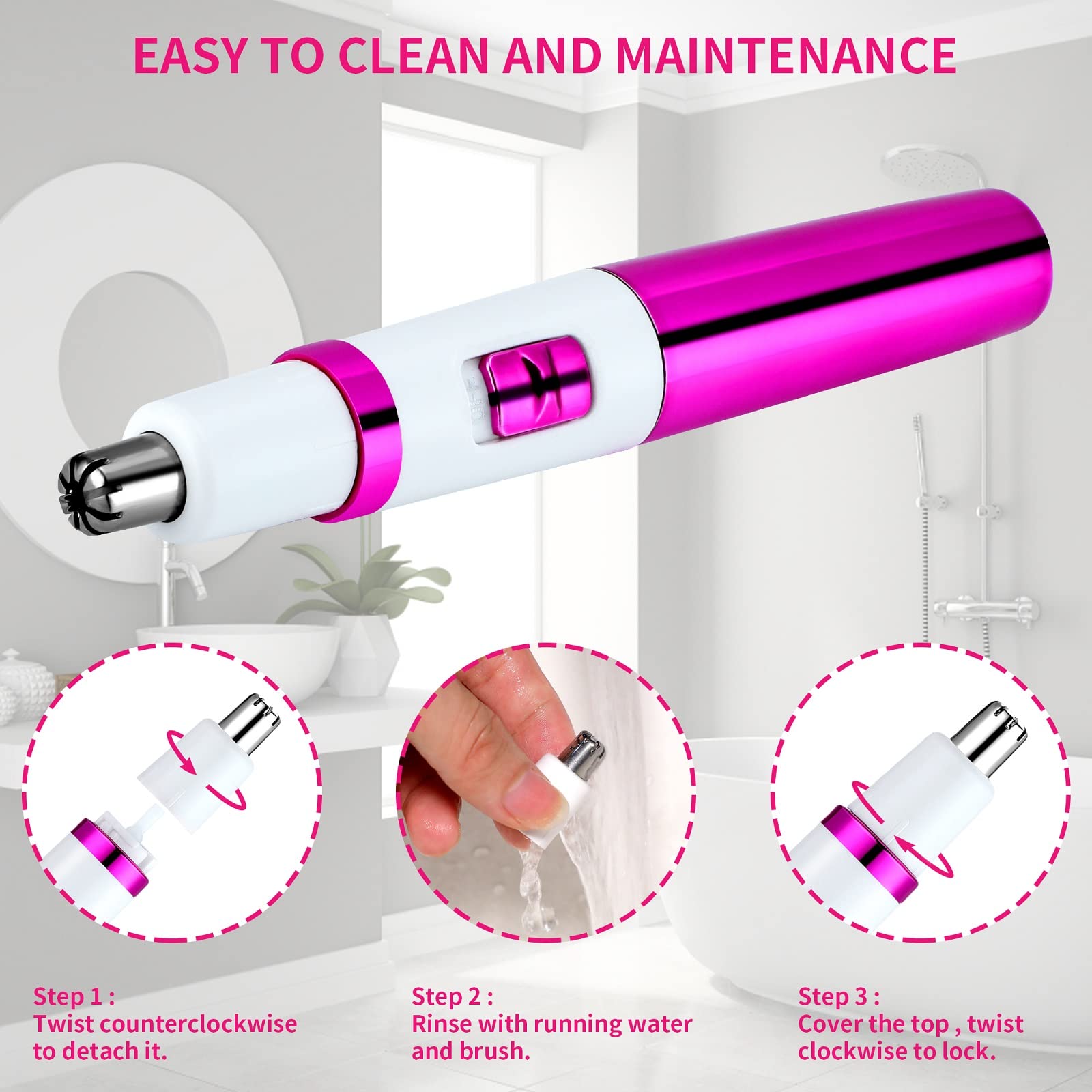 Professional Painless Nose & Ear Hair Trimmer for Women - Battery Operated Waterproof Eyebrow & Facial Hair Clipper with Dual Edge Blades for Easy Cleaning - Perfect for Travel, Home Use & Personal Grooming