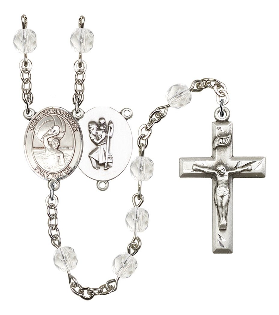 April Birthstone Prayer Bead Rosary Necklace with Saint Christopher Medal - 19 Inch Catholic Jewelry for Men, Baptism Gifts & Water Polo Protection
