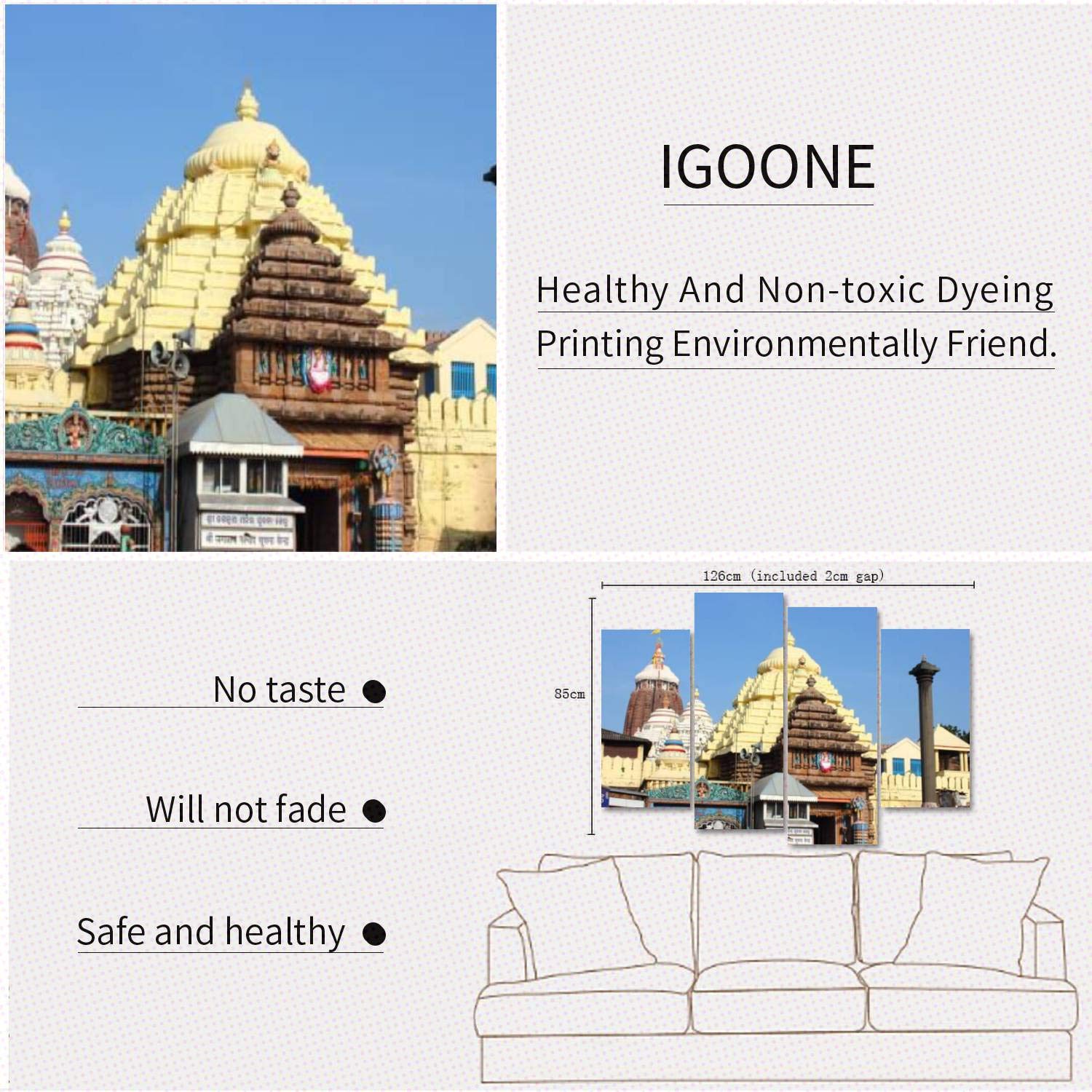 4 Panels Canvas Wall Art - The Shree Jagannath Temple at Puri India - Modern Framed Poster Paintings Ready to Hang for Home & Office Decor | Perfect for Living Room, Bedroom, or Meditation Space