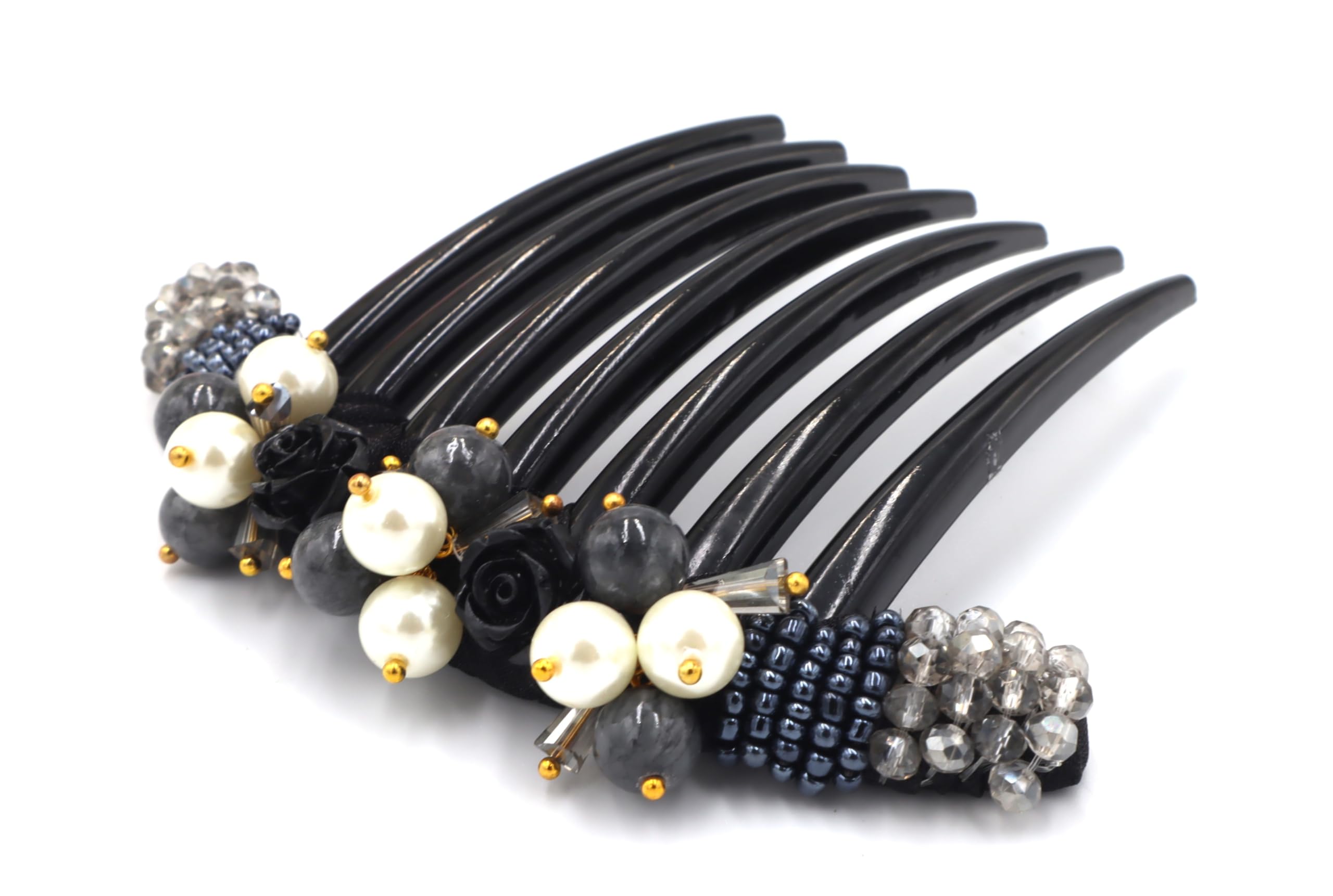 French Twist Hair Comb with Bead & Pearl Decoration - Elegant Gray Hair Accessory for Weddings, Prom & Formal Events