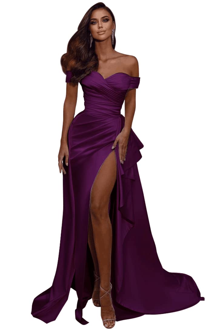 Elegant Off Shoulder Prom Dresses 2024 - Mermaid Slit Formal Evening Gowns for Women | Satin Wedding & Party Dresses for Prom Night, Homecoming, Cocktail Events