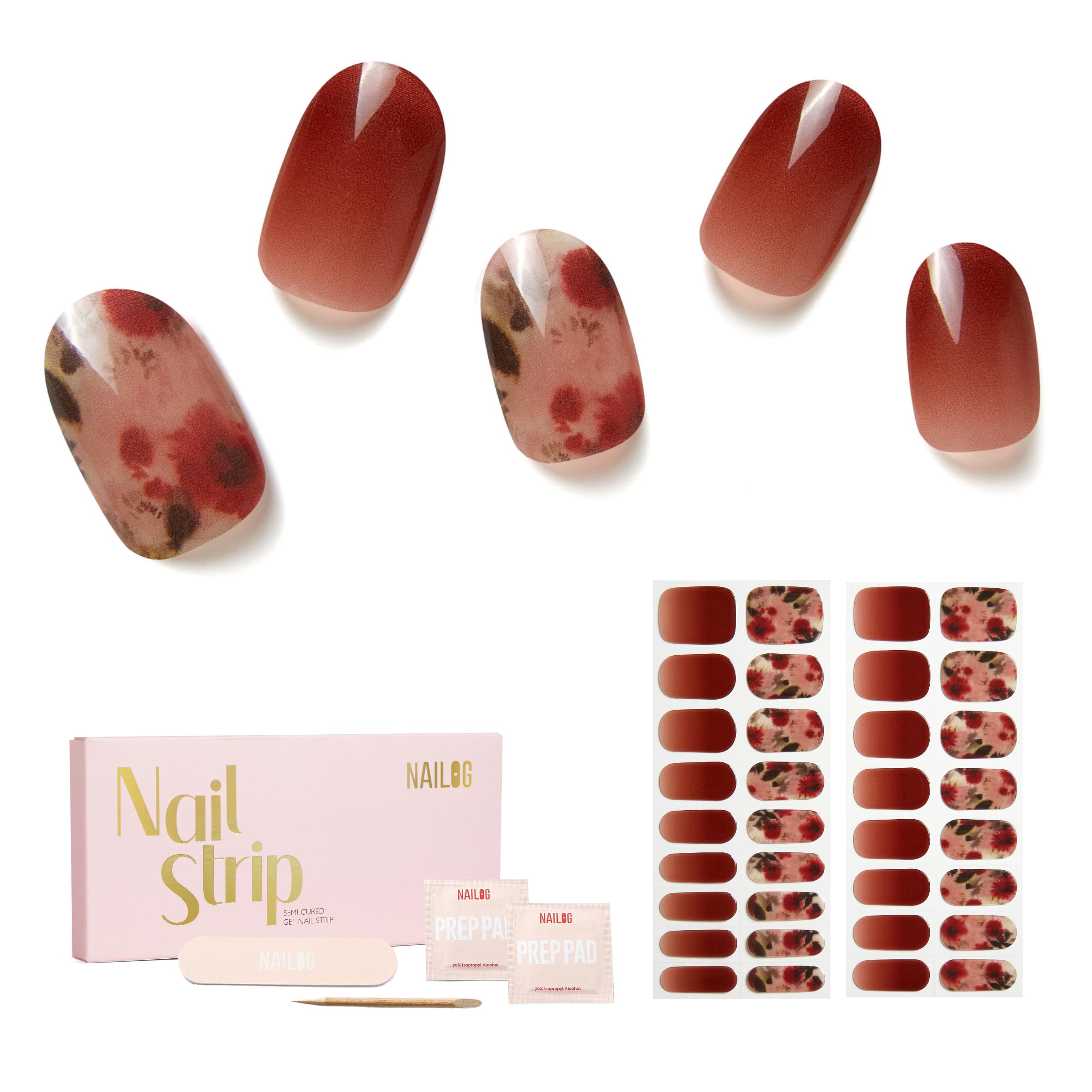 NAILOG 34 Pcs Semi Cured Gel Nail Strips Kit - Long Lasting Nail Wraps with Glossy Finish in Reddish Brown & Wildflowers | Includes UV Light (Buy 2 Get 1 Free) | Perfect for Salon Quality Manicures at Home, Parties & Special Occasions