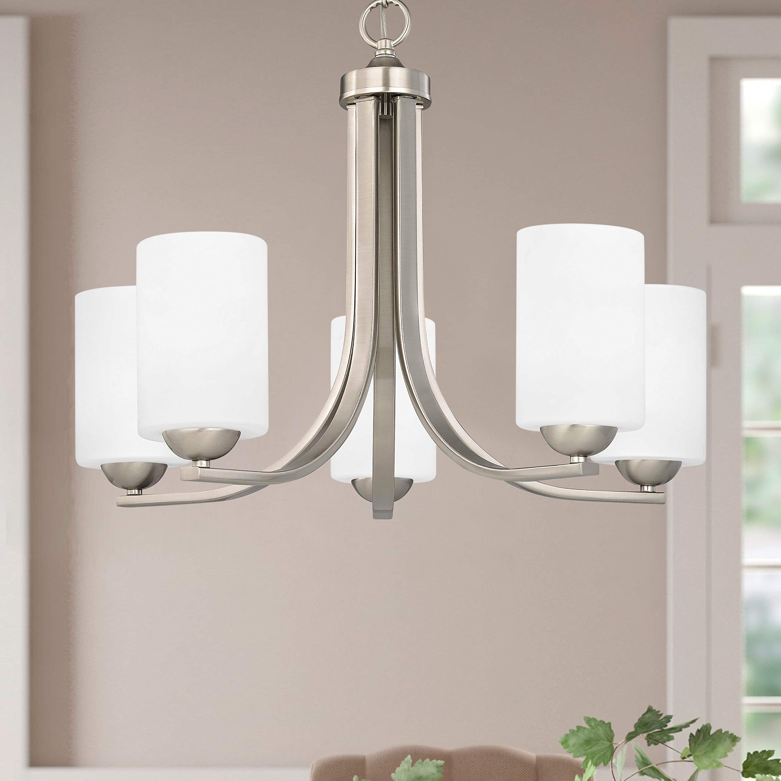Elegant Satin Nickel Chandelier with White Cylinder Glass Shades - Modern Ceiling Light Fixture for Dining Room, Bedroom, or Living Room Decor