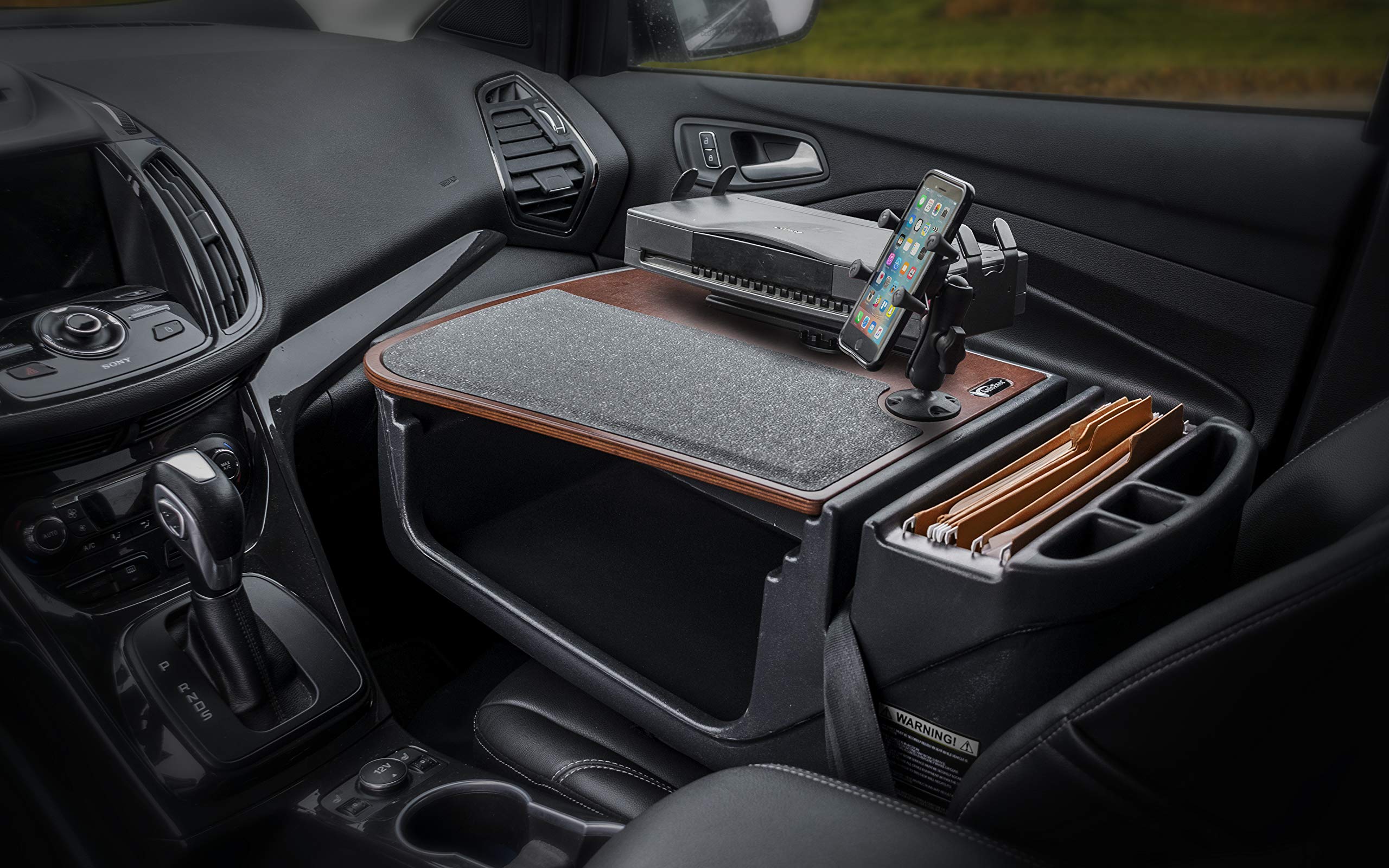 AutoExec AUE08350 Efficiency GripMaster Car Desk - Mahogany Finish with Built-in 200W Power Inverter, Phone Mount & Printer Stand | Perfect for Mobile Office, Road Trips & Remote Work in Vehicles