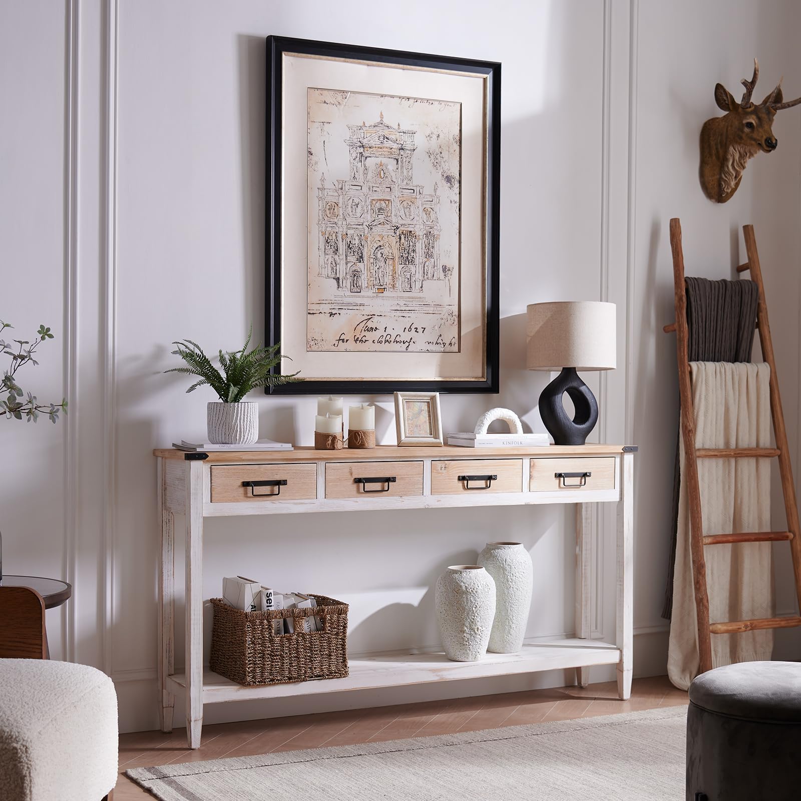 Rustic Farmhouse Console Table with 4 Drawers - 60