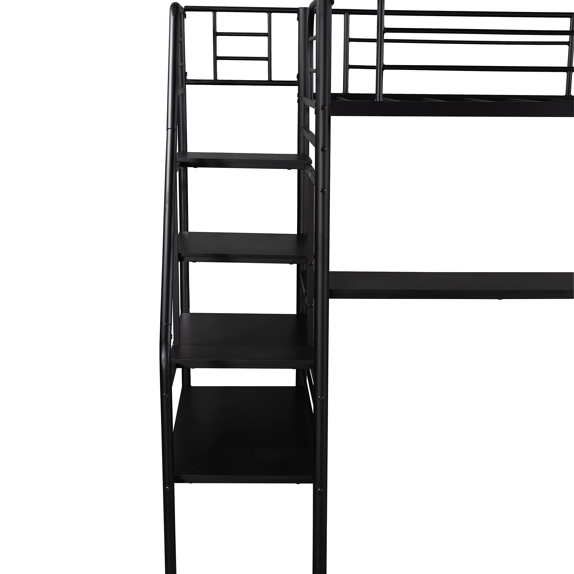 P PURLOVE Twin Loft Bed with Stairway - Sturdy Metal Frame, No Box Spring Required - Space Saving Kids & Teen Bunk Bed for Small Rooms, Dorms & Apartments (Black)