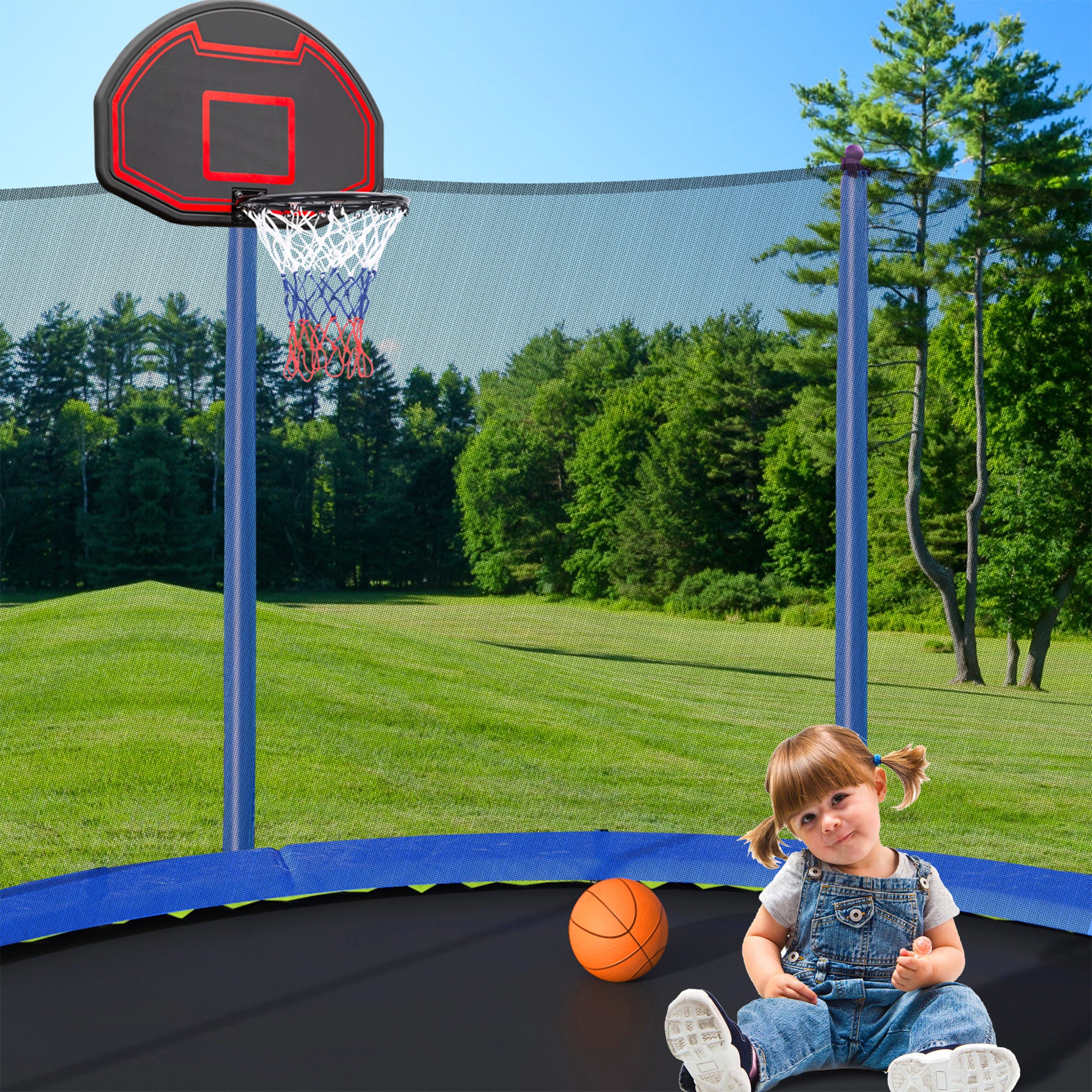 15FT Trampoline with Basketball Hoop, Air Pump & Ladder - Blue Safety Enclosure for Outdoor Family Fun & Backyard Exercise