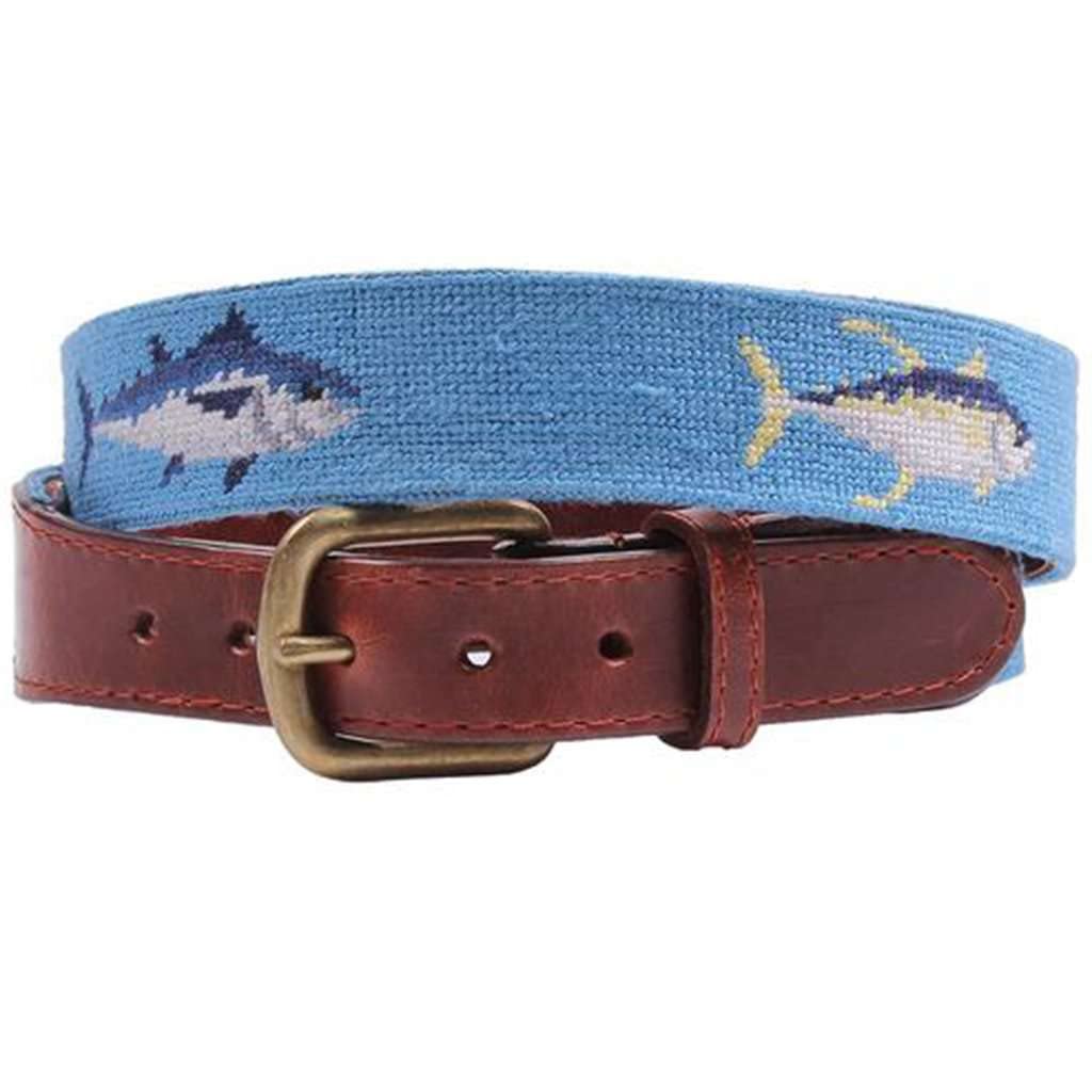 Smathers & Branson Cornflower Blue Tuna Needlepoint Belt - Perfect for Nautical Outfits & Summer Casual Wear