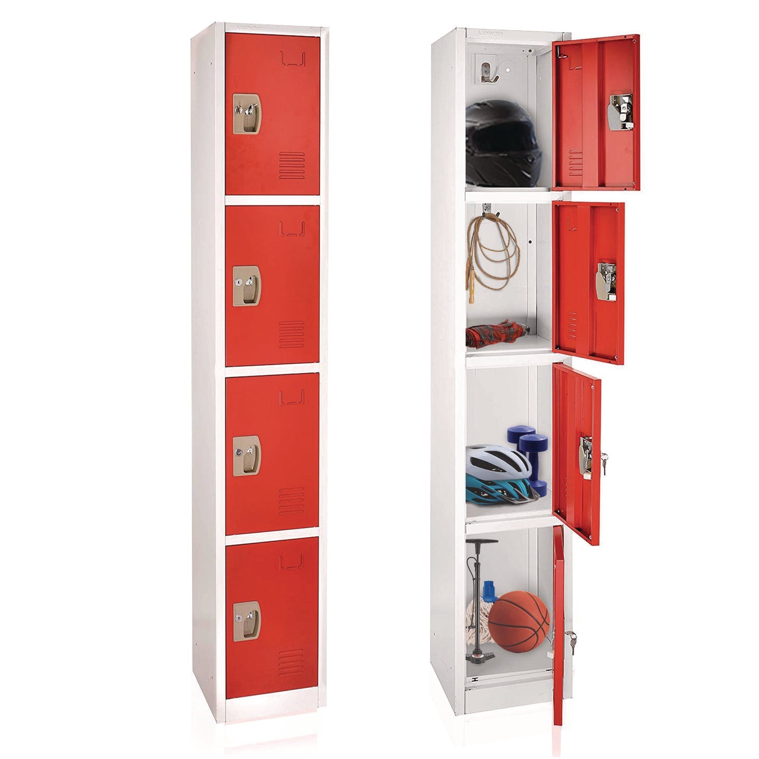 AdirOffice 4 Compartment Steel Storage Locker - 12 x 12 x 72 Inches, Red - Heavy Duty School Gym Locker for Home, Office & Warehouse Organization