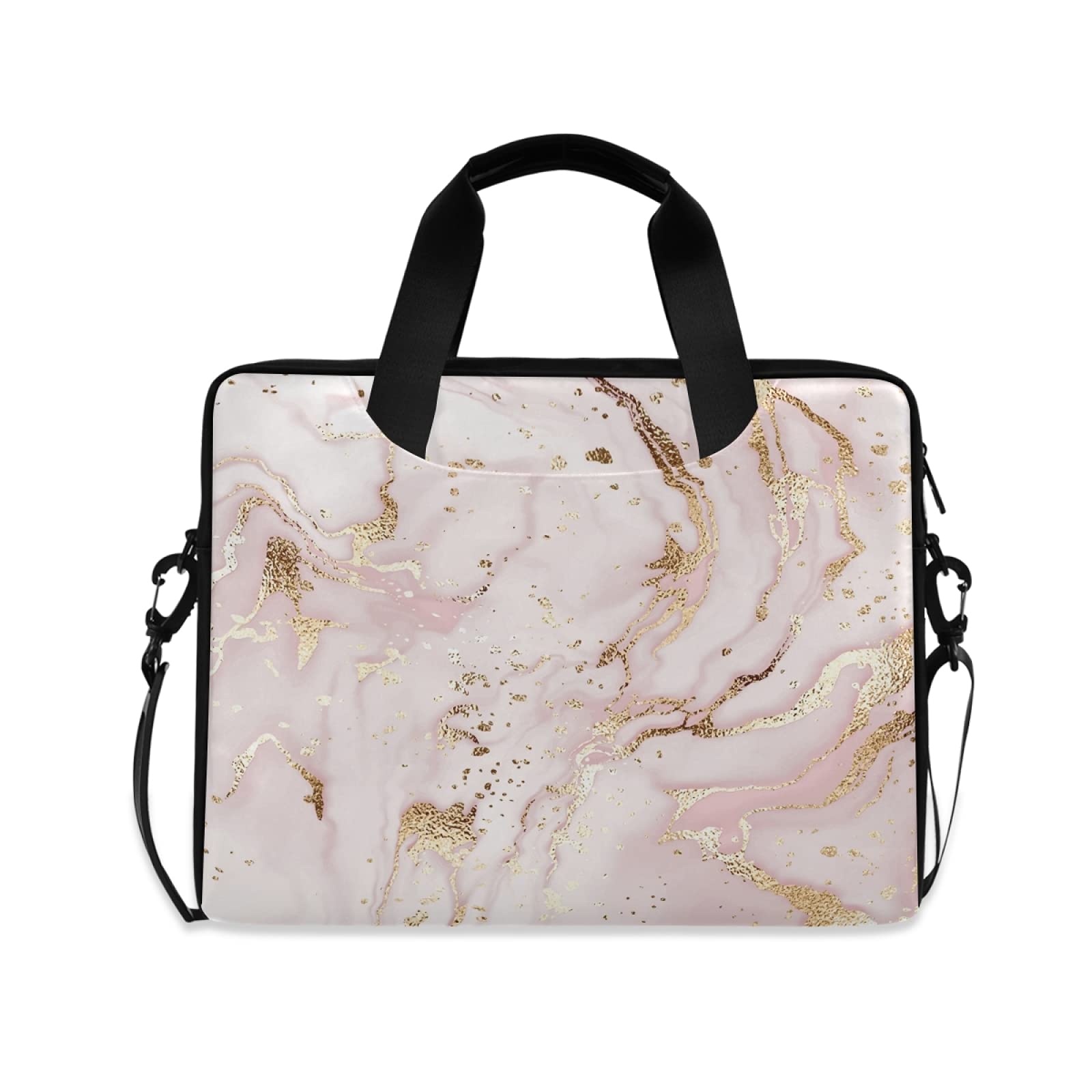 Pink Marble Laptop Bag with Golden Lines - 13 14 15.6 Inch Messenger Briefcase for Men & Women, Crossbody Shoulder Strap Handle - Perfect for Work, Travel & School