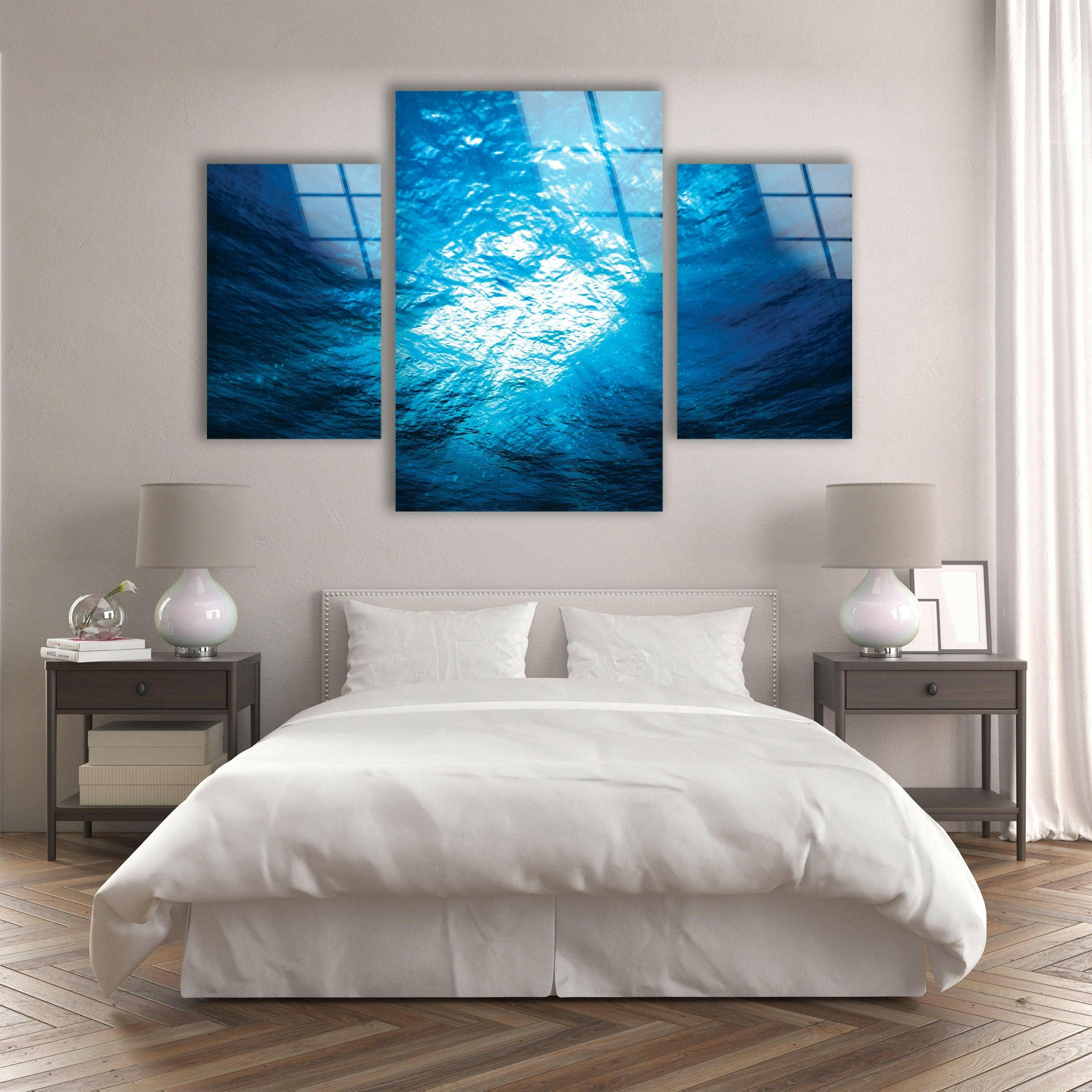 Blue Deep Underwater Abstract Glass Wall Art - Handmade Ocean Themed Decor for Living Room, Bedroom & Office - Perfect Modern Home & Office Decoration
