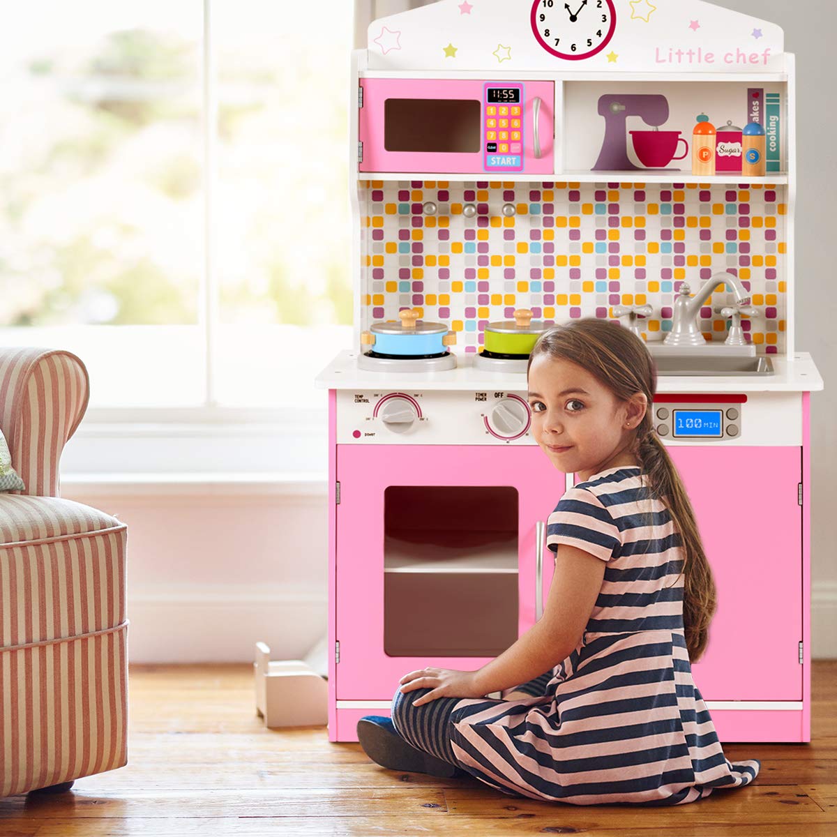 MAT EXPERT Kids Wooden Chef Pretend Play Kitchen Set with Removable Sink, Cookware, Microwave & Storage - Educational Toy for Boys & Girls Ages 3+ - Perfect for Pretend Cooking, Role Play & Early Learning at Home or Preschool