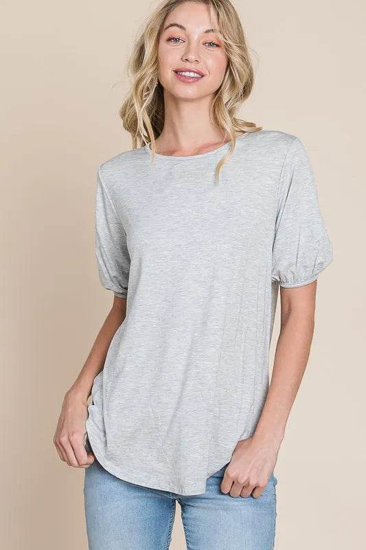 Bombom Soft Rayon Puff Sleeve T-Shirt for Women - Light Gray Casual Top for Spring & Summer | Perfect for Outfits, Dates & Vacations