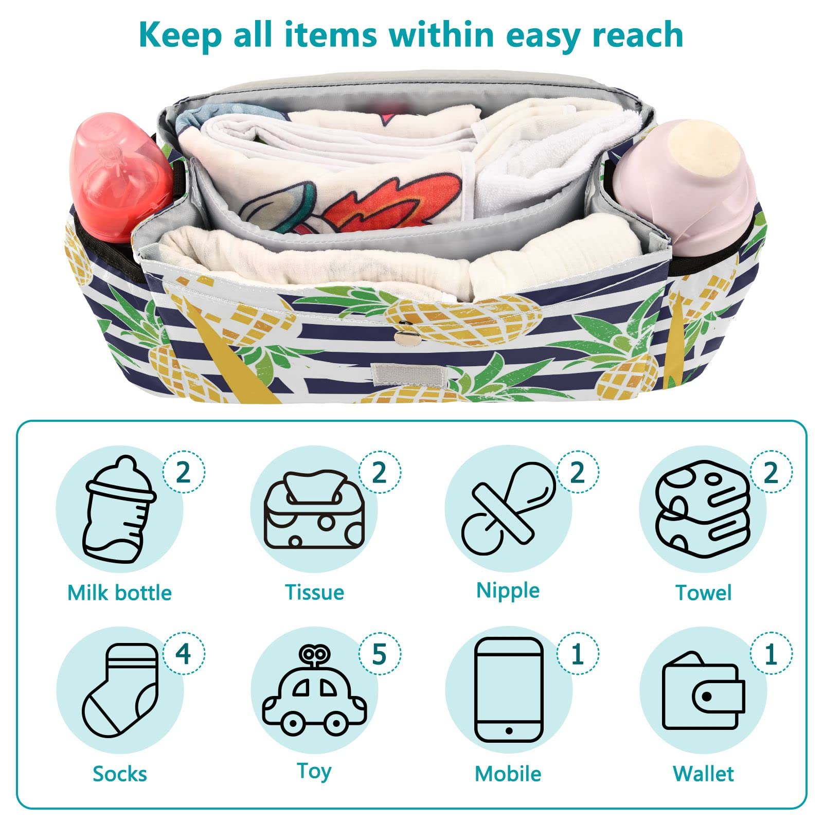 Emelivor Cartoon Pineapple Baby Stroller Organizer - Large Capacity Stroller Accessories with Adjustable Shoulder Strap & Cup Holders - Perfect for Diapers, Phone, Keys, Toys - Ideal for Park Outings, Shopping Trips & Family Walks