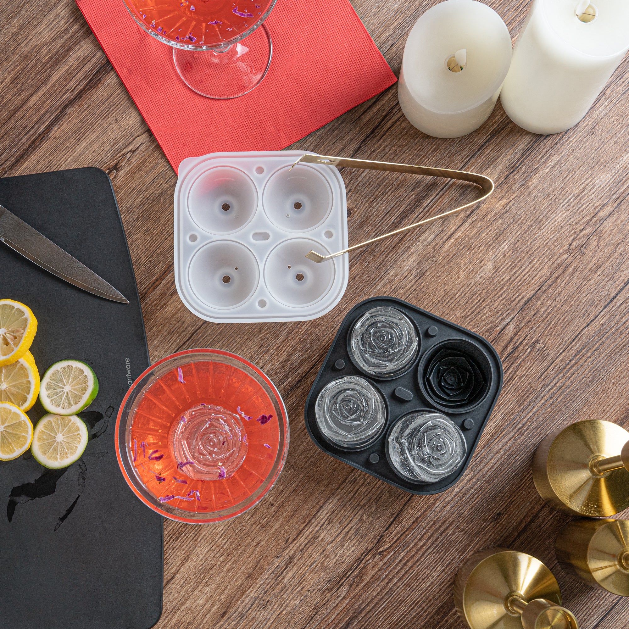 Premium Black Silicone Ice Cube Tray with 2 Rose & 4 Compartment Designs - 1 Count Box - Perfect for Cocktails, Champagne & Romantic Dinner Decorations