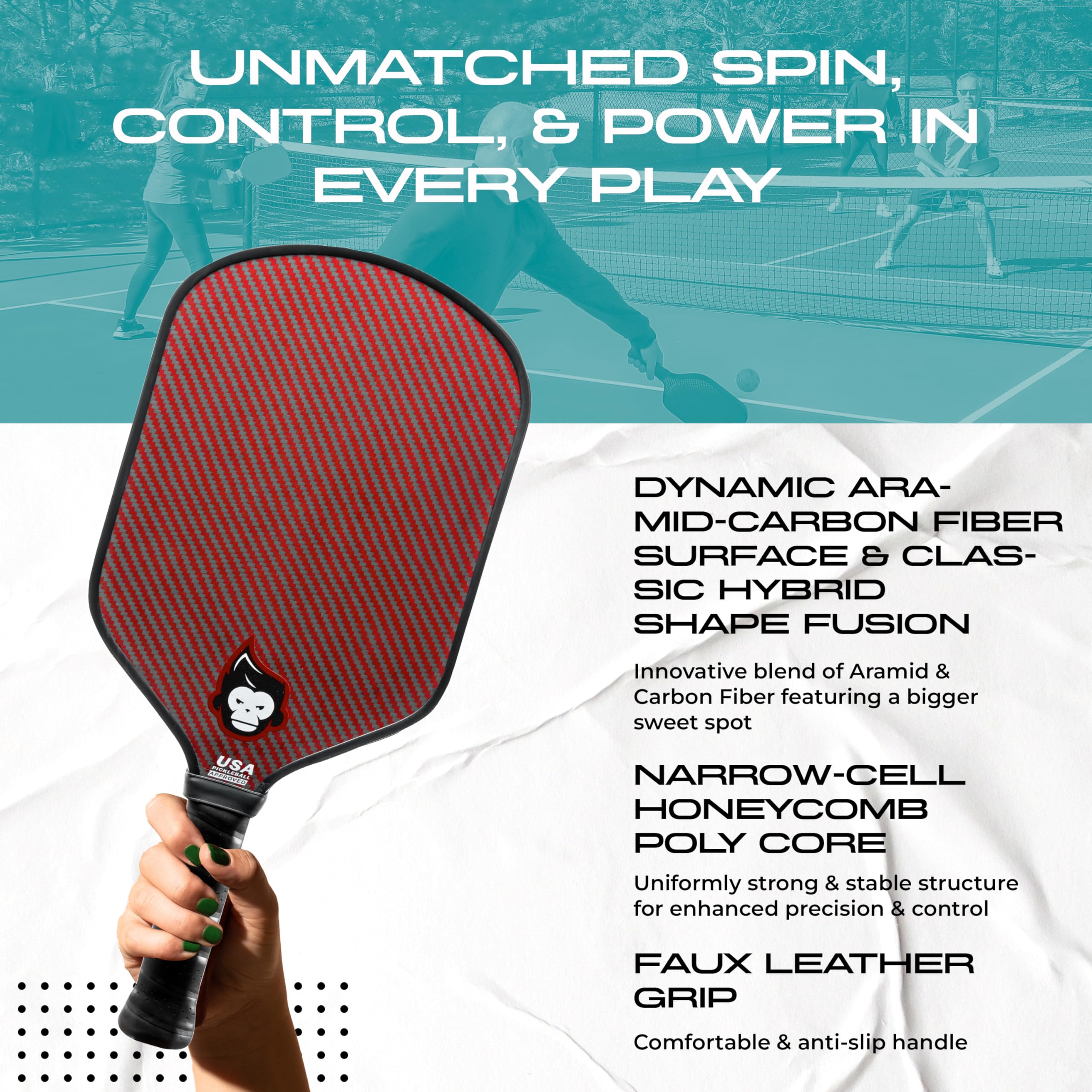 Pickleball Apes Pro Line Energy Paddle - Kevlar Surface & Honeycomb Poly Core for Enhanced Performance | Perfect for Competitive Play & Recreational Games