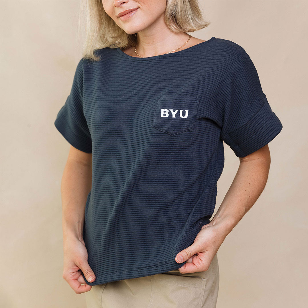 BYU Atlas Ribbed Blouse for Women - Navy Blue Stretch Knit Top - Perfect for Office Wear, Casual Outfits & Date Nights