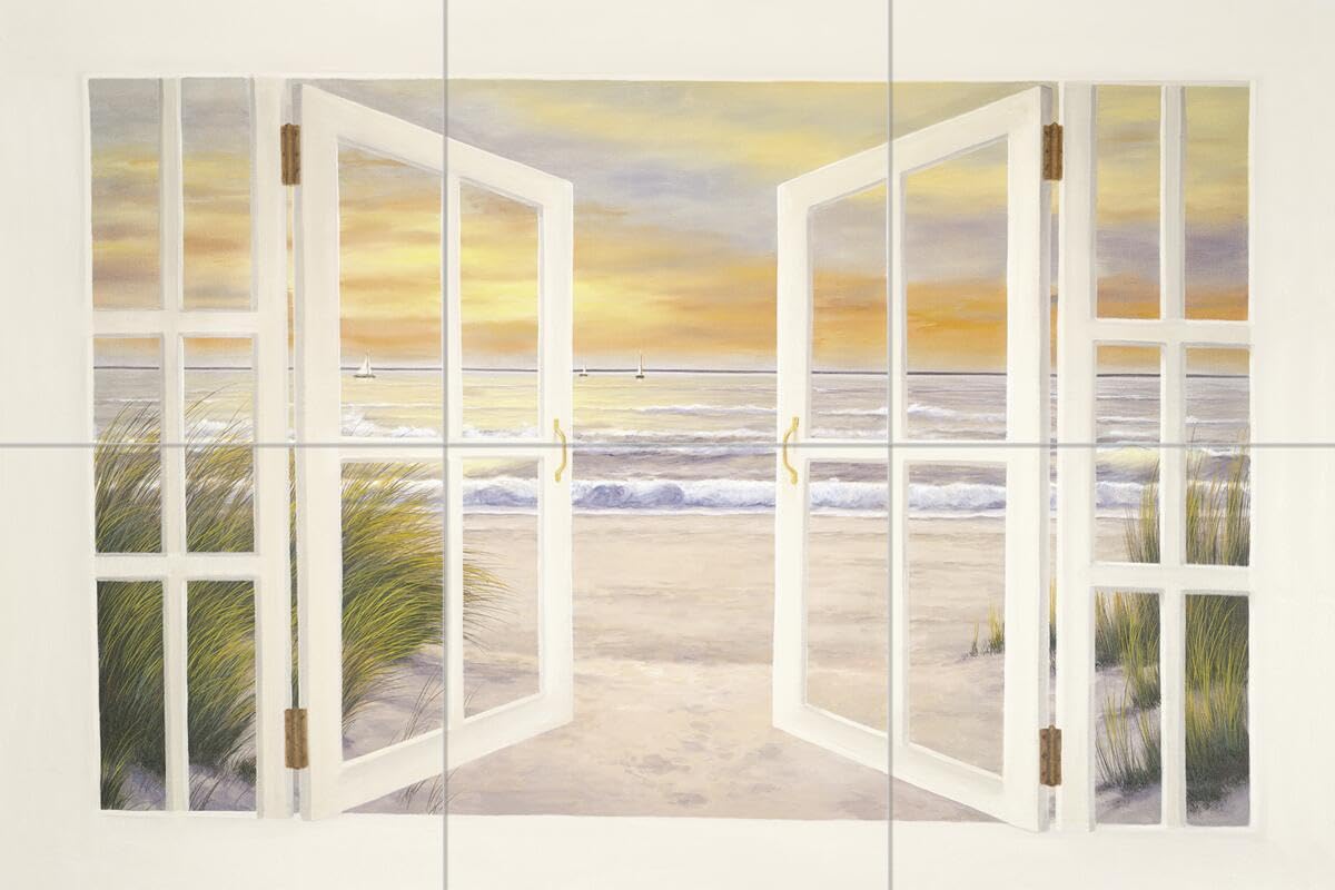 Ceramic Backsplash Tile Mural - Coastal Beach Scene with Ocean Waves & Sunset Design - Waterproof Kitchen & Bathroom Wall Decor - Perfect for Beach House, Coastal Cottage or Spa Bathroom Renovation