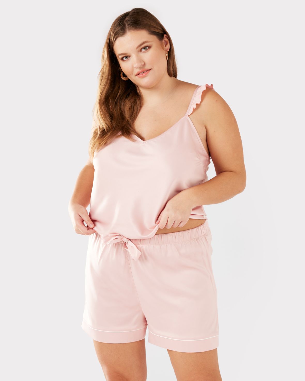 Luxury Satin Frill Trim Cami Short Pajama Set - Blush Pink Sleepwear for Women | Perfect for Lounging, Sleepovers & Bridal Shower Gifts