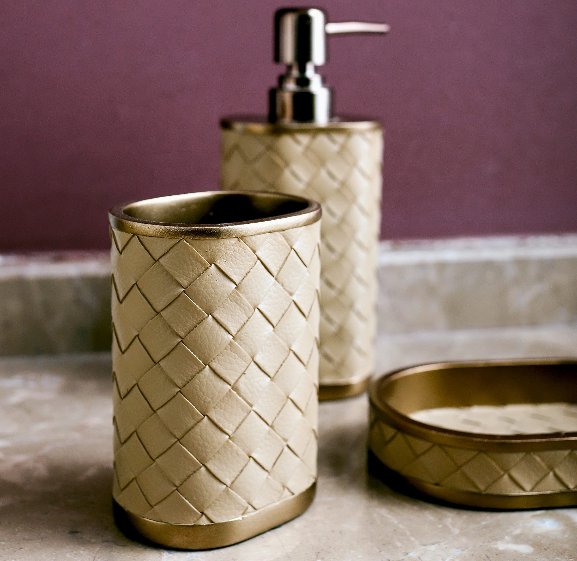 Farmhouse Bathroom Accessories Set - 4 Piece Resin Toothbrush Holder, Soap Dispenser, Soap Dish & Tumbler Gift Set | Rustic Apartment Decor Essentials for Modern Bathrooms