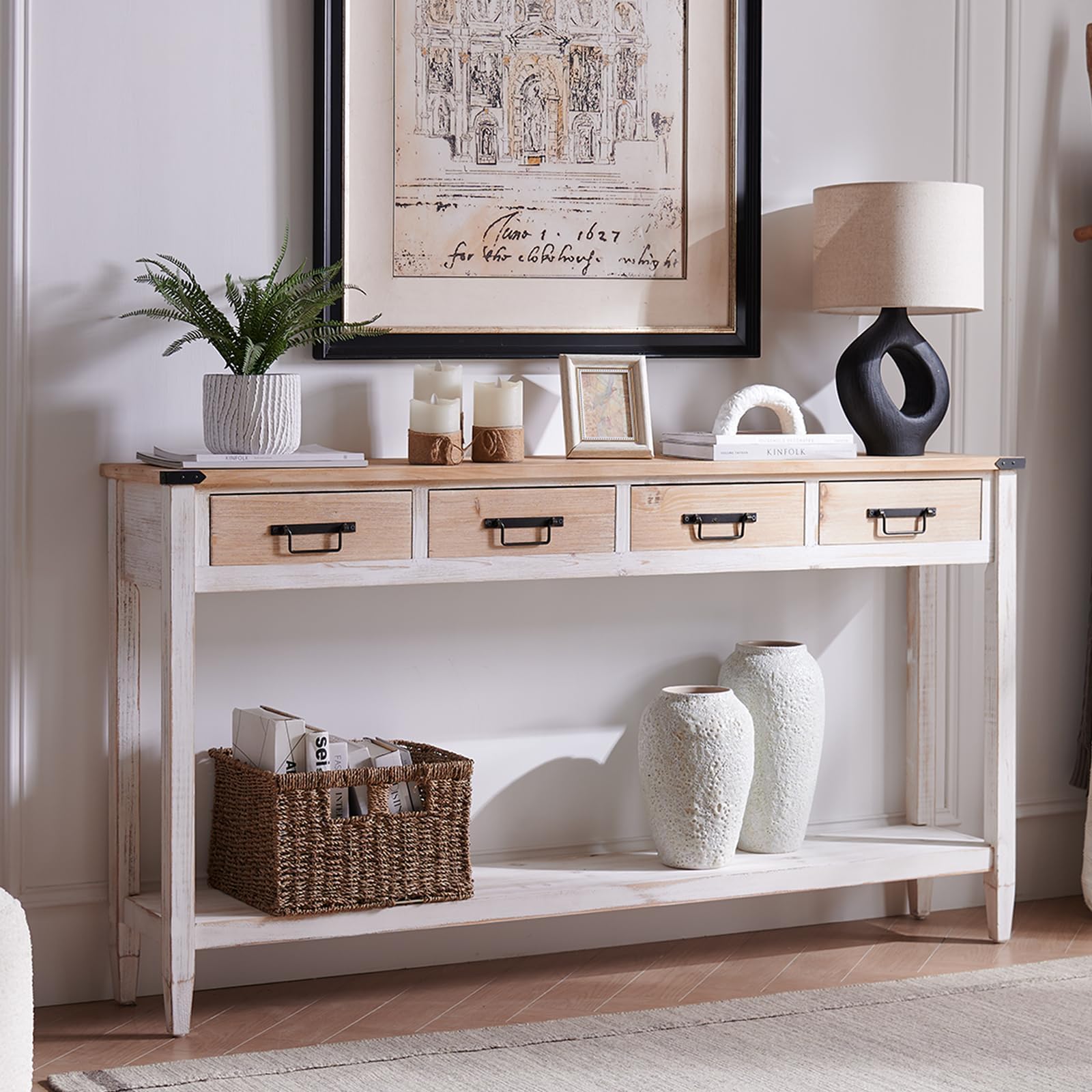 Rustic Farmhouse Console Table with 4 Drawers - 60