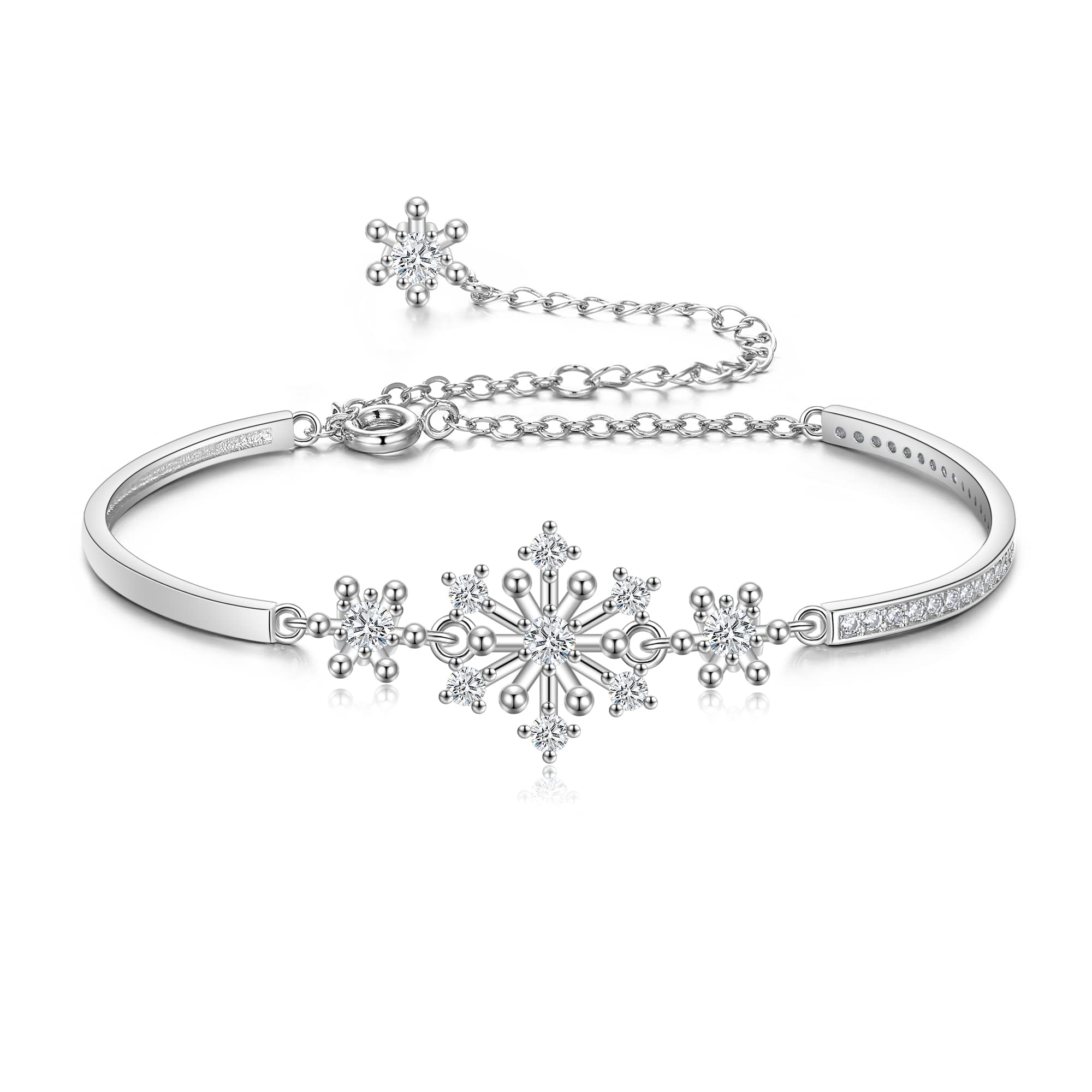 Flyonce Snowflake Bracelets for Women - Sparkling Cubic Zirconia Snowflake Flower Bangle Link Bracelet, Christmas Jewelry Gift for Her, Perfect for Holiday Parties, Winter Weddings & Festive Occasions