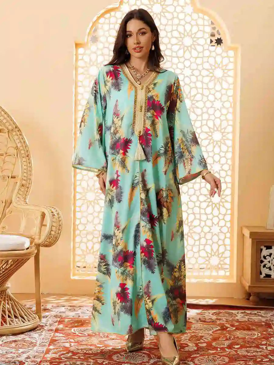 Elegant Hotfix Rhinestone Printed Eid Caftan Dress for Women - Perfect for Eid Celebrations, Weddings & Special Occasions